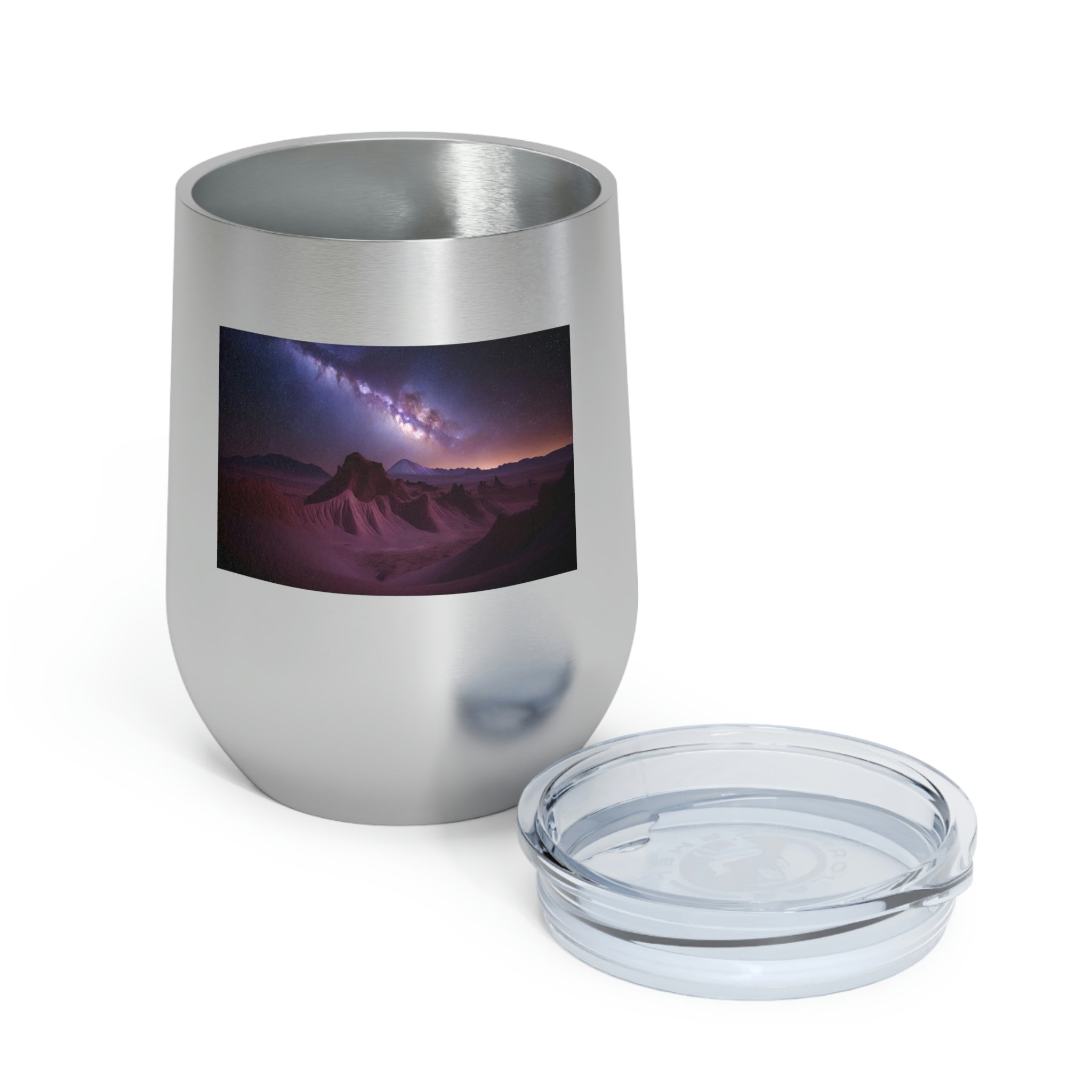 Milky Galaxy Wine Tumbler featuring a stylish design, double insulation, and a clear plastic lid for easy sipping.