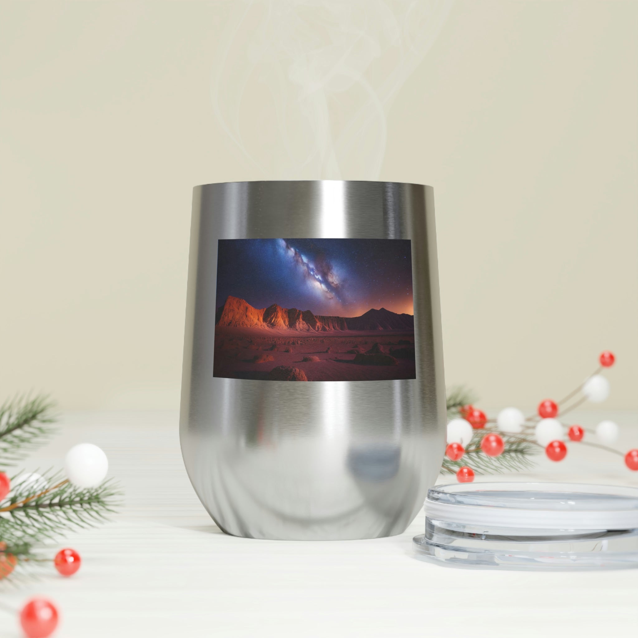 Milky Galaxy Wine Tumbler with a stylish design, double insulated, and clear plastic lid for easy sipping.