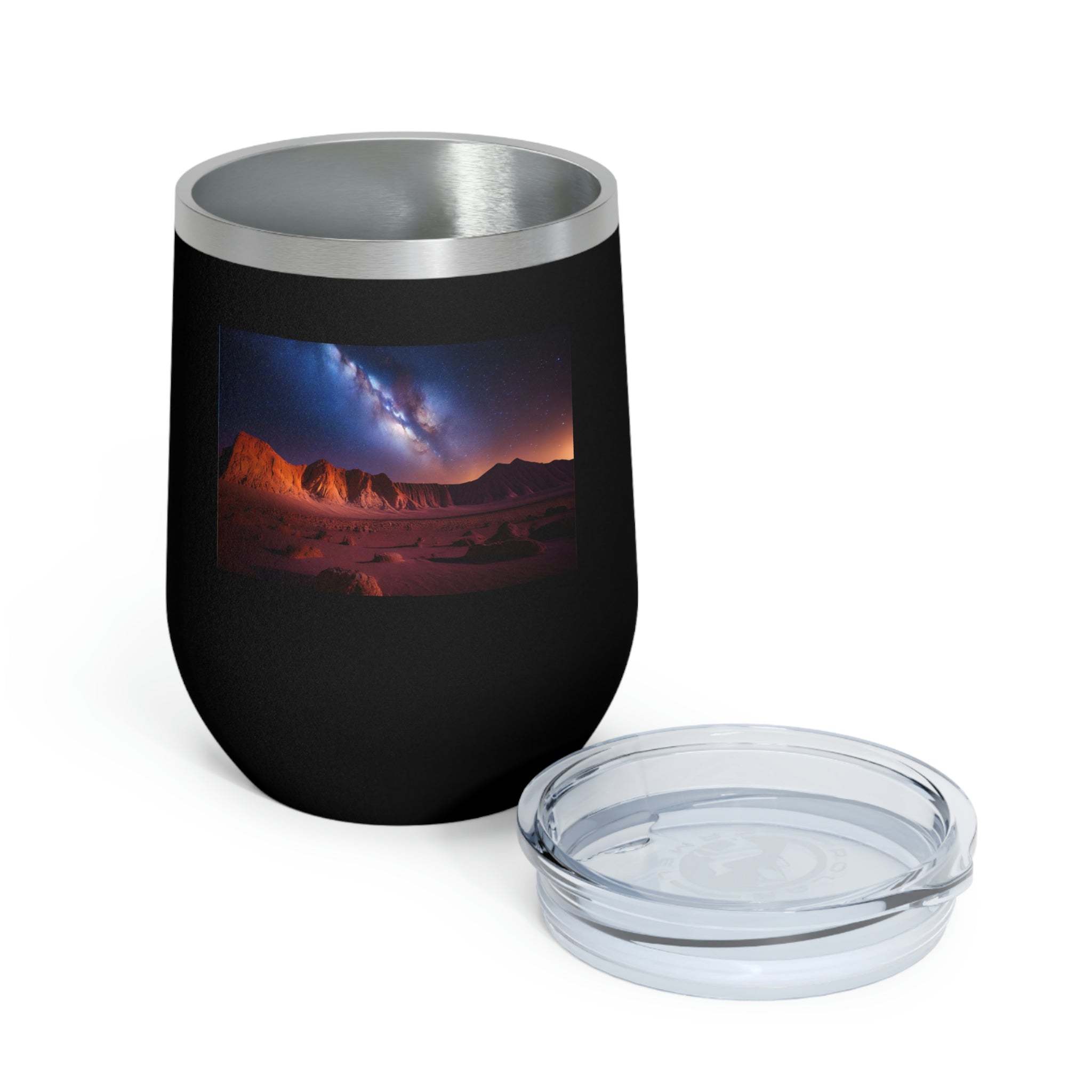 Milky Galaxy Wine Tumbler with a stylish design, double insulated, and clear plastic lid for easy sipping.