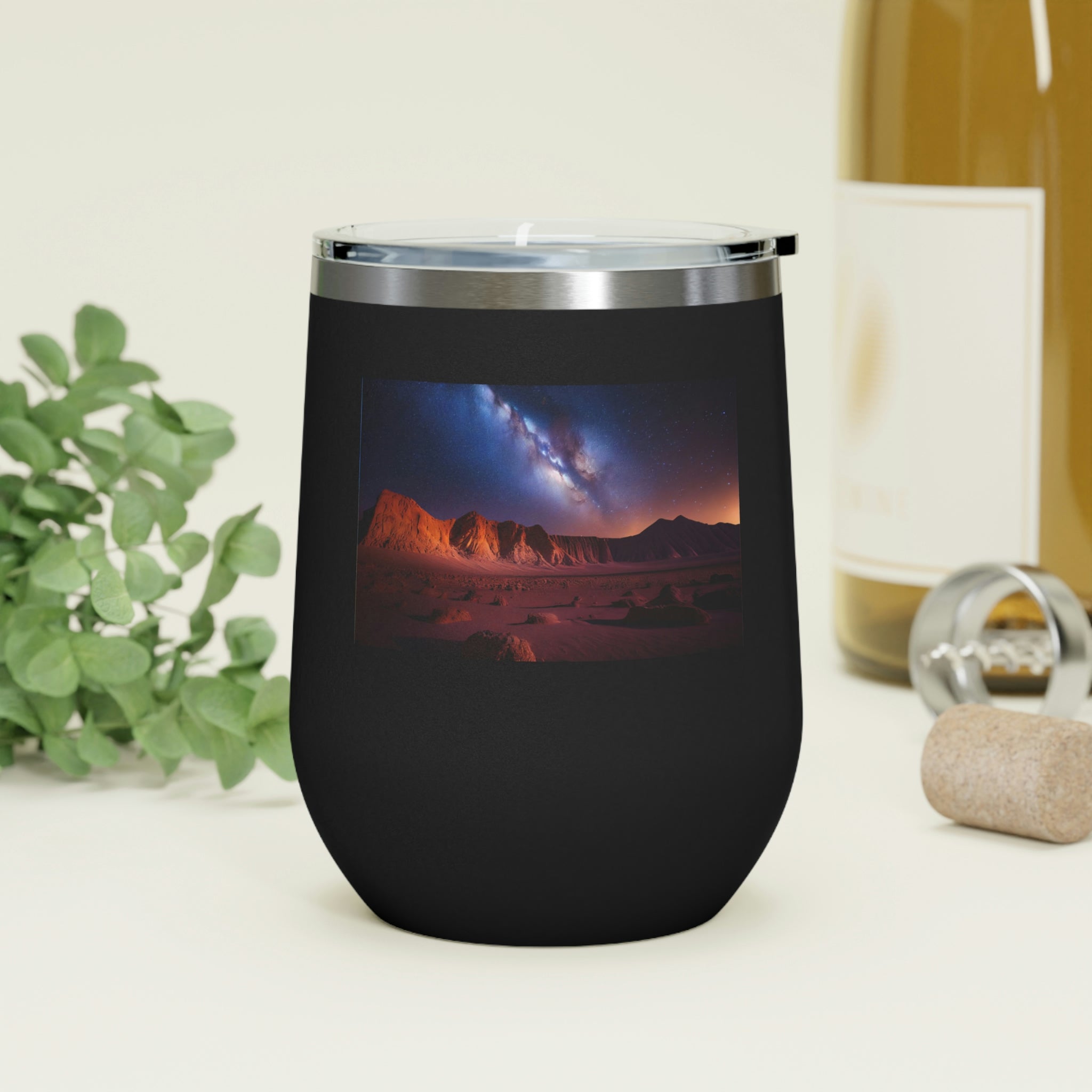 Milky Galaxy Wine Tumbler with a stylish design, double insulated, and clear plastic lid for easy sipping.