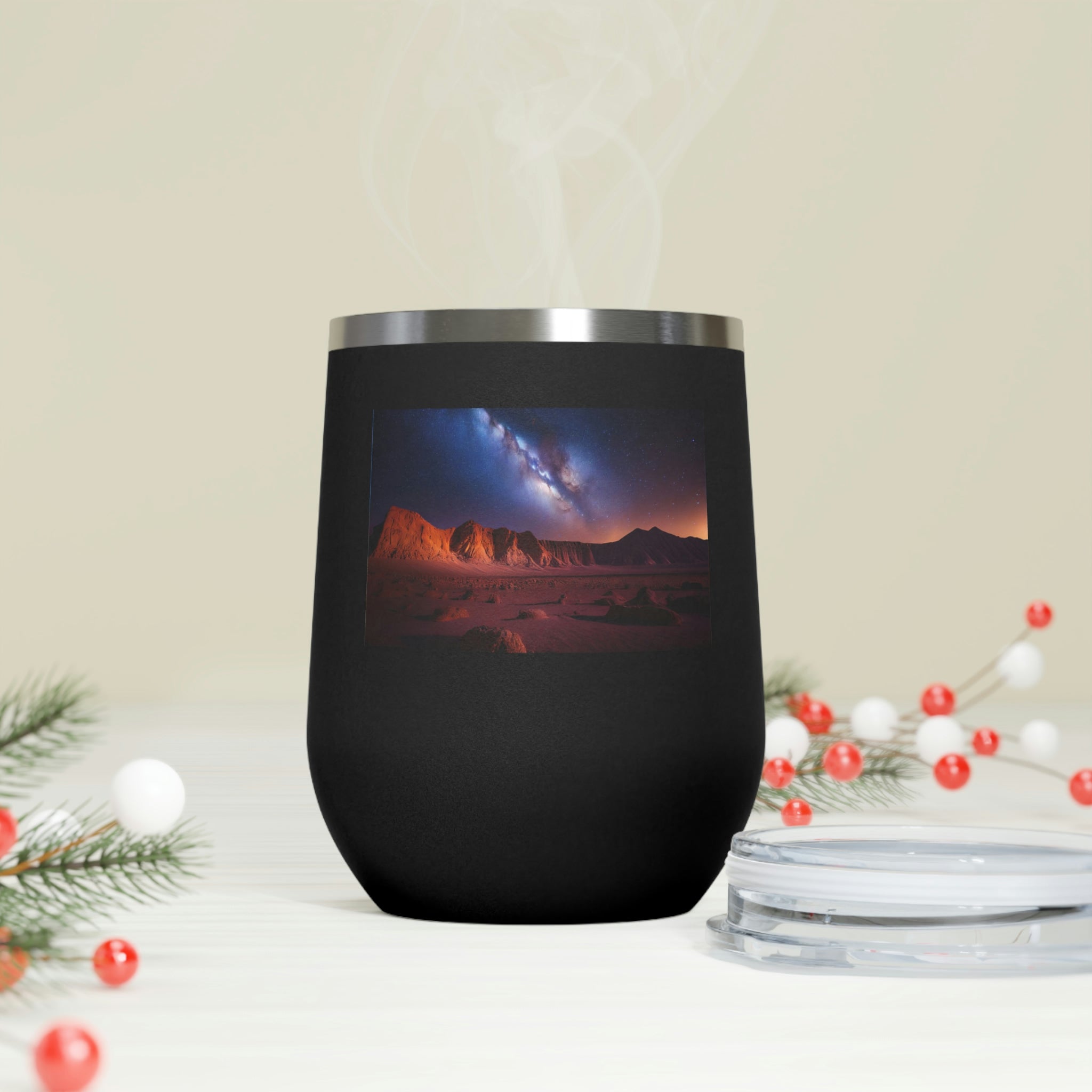 Milky Galaxy Wine Tumbler with a stylish design, double insulated, and clear plastic lid for easy sipping.