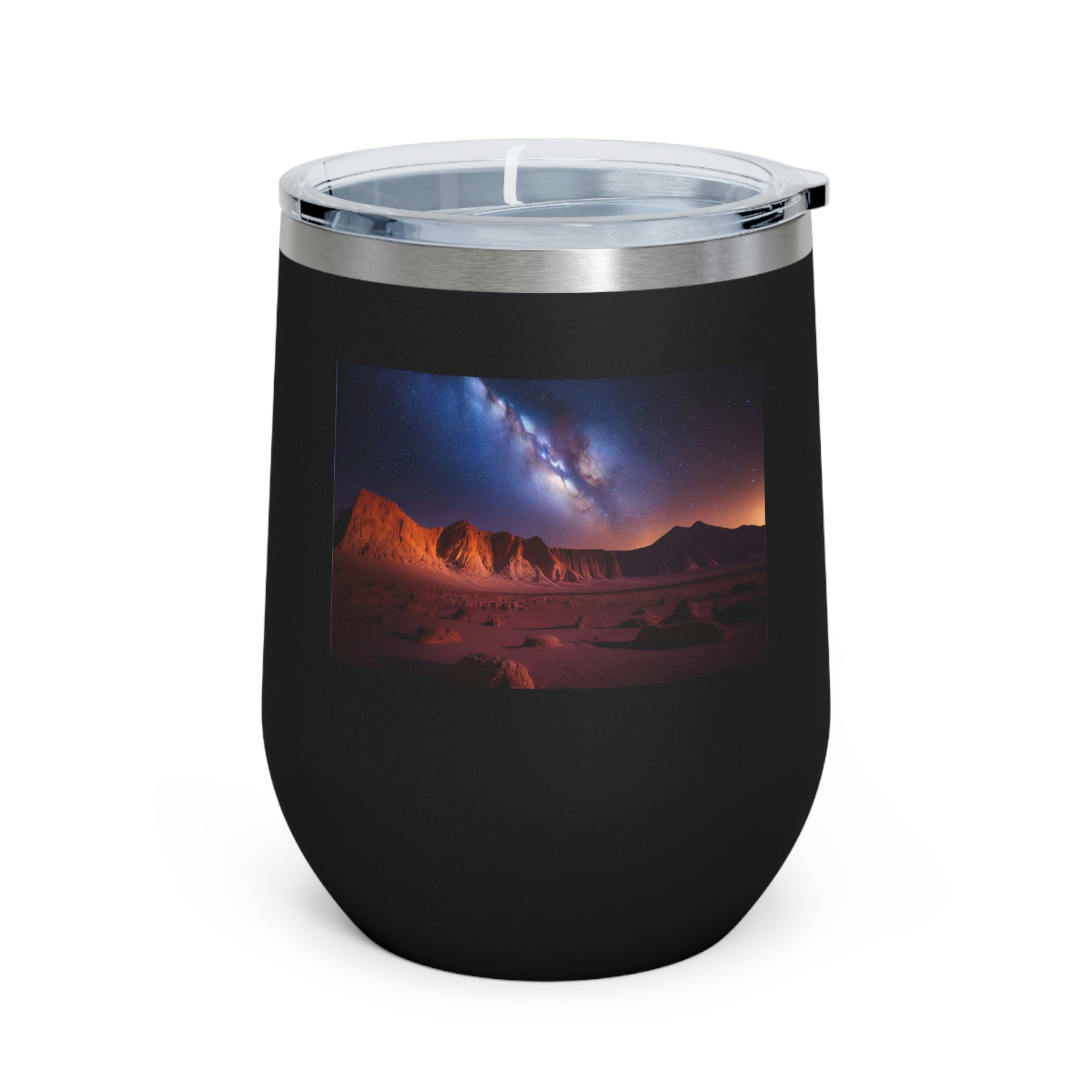 Milky Galaxy Wine Tumbler with a stylish design, double insulated, and clear plastic lid for easy sipping.