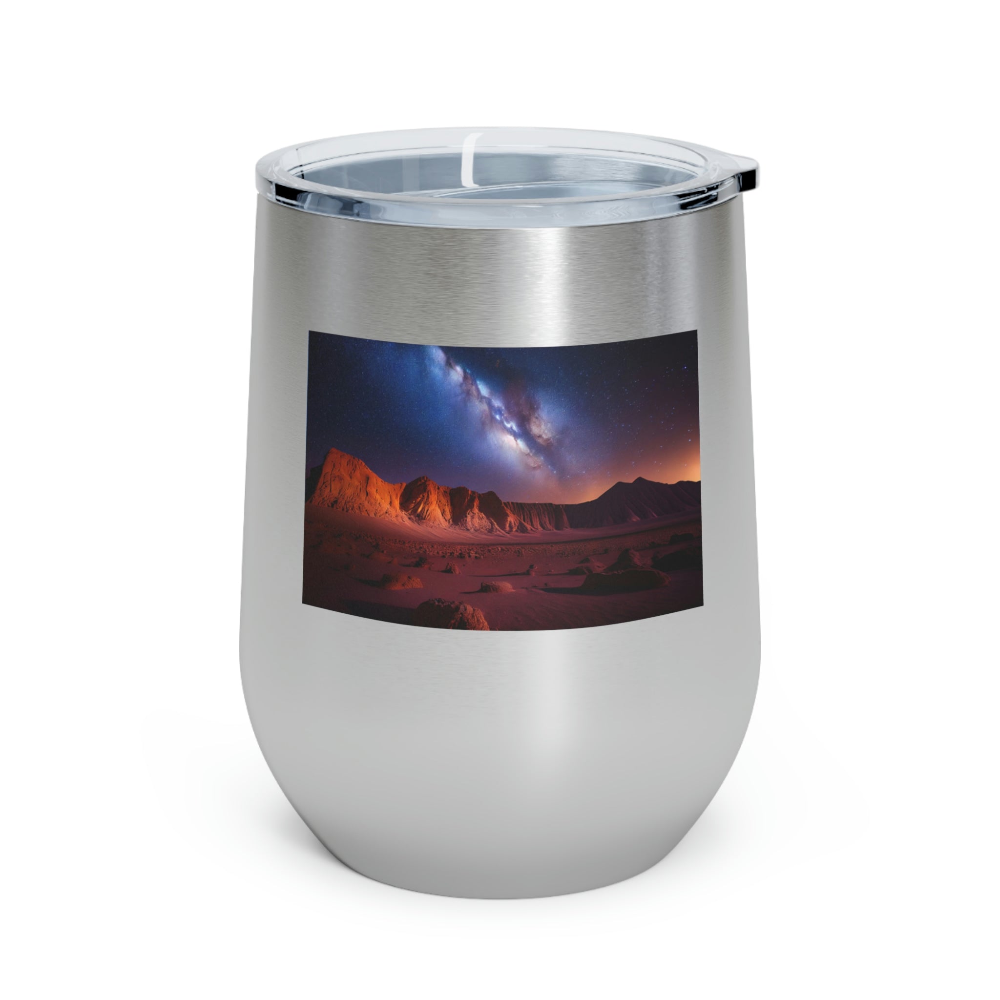 Milky Galaxy Wine Tumbler with a stylish design, double insulated, and clear plastic lid for easy sipping.