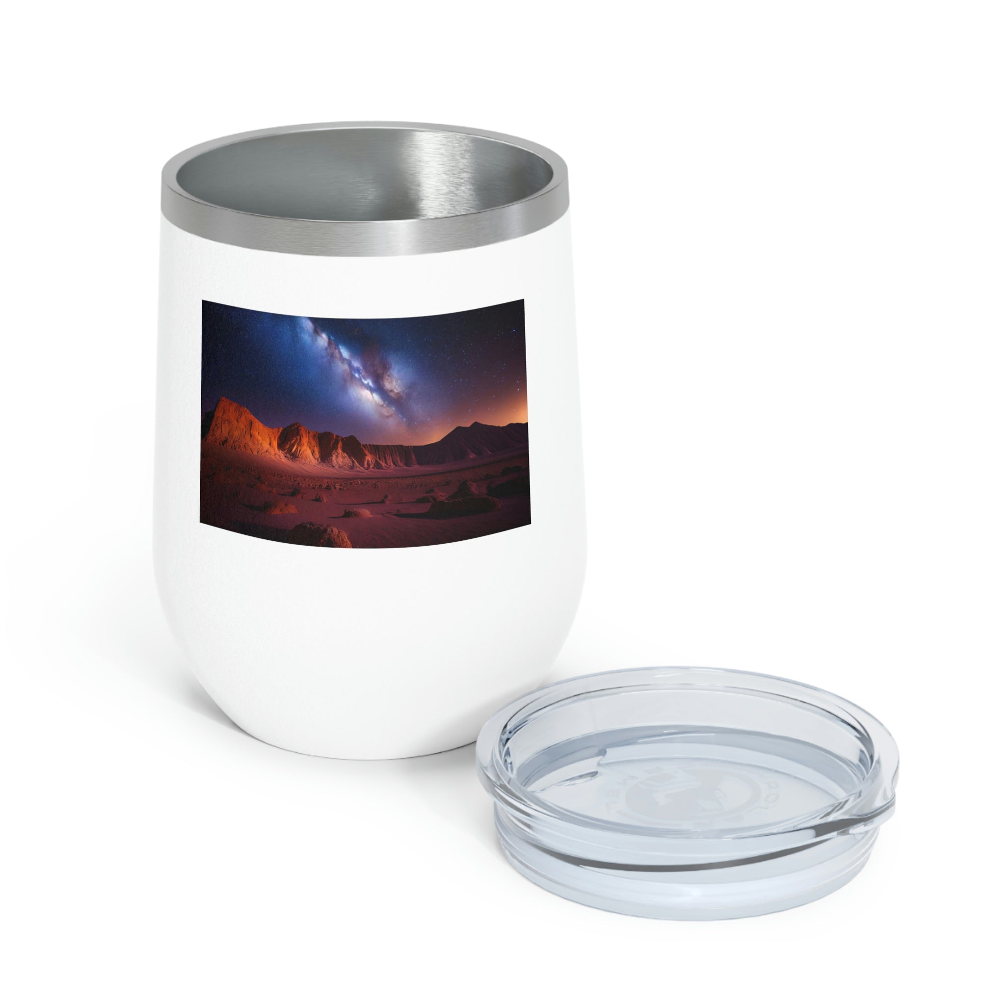 Milky Galaxy Wine Tumbler with a stylish design, double insulated, and clear plastic lid for easy sipping.