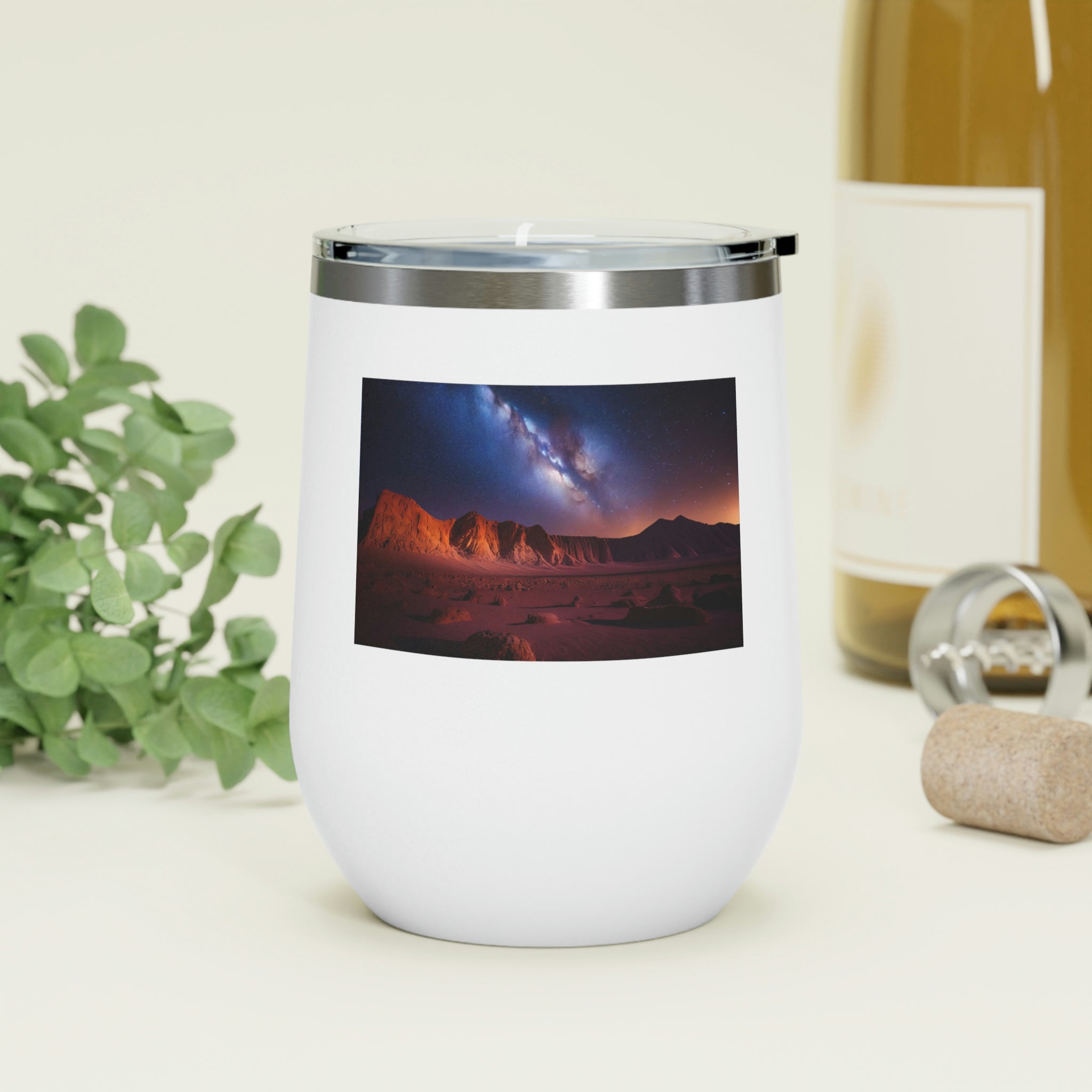 Milky Galaxy Wine Tumbler with a stylish design, double insulated, and clear plastic lid for easy sipping.