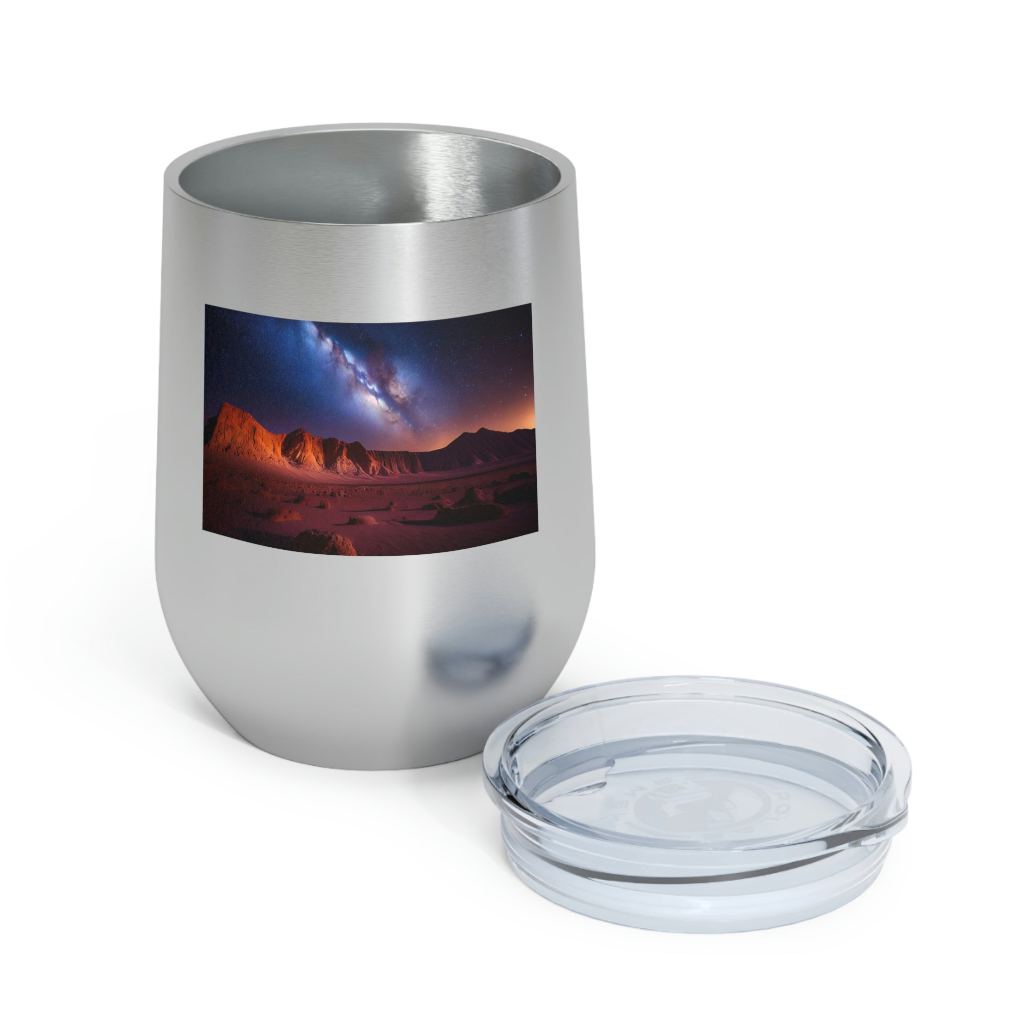 Milky Galaxy Wine Tumbler with a stylish design, double insulated, and clear plastic lid for easy sipping.