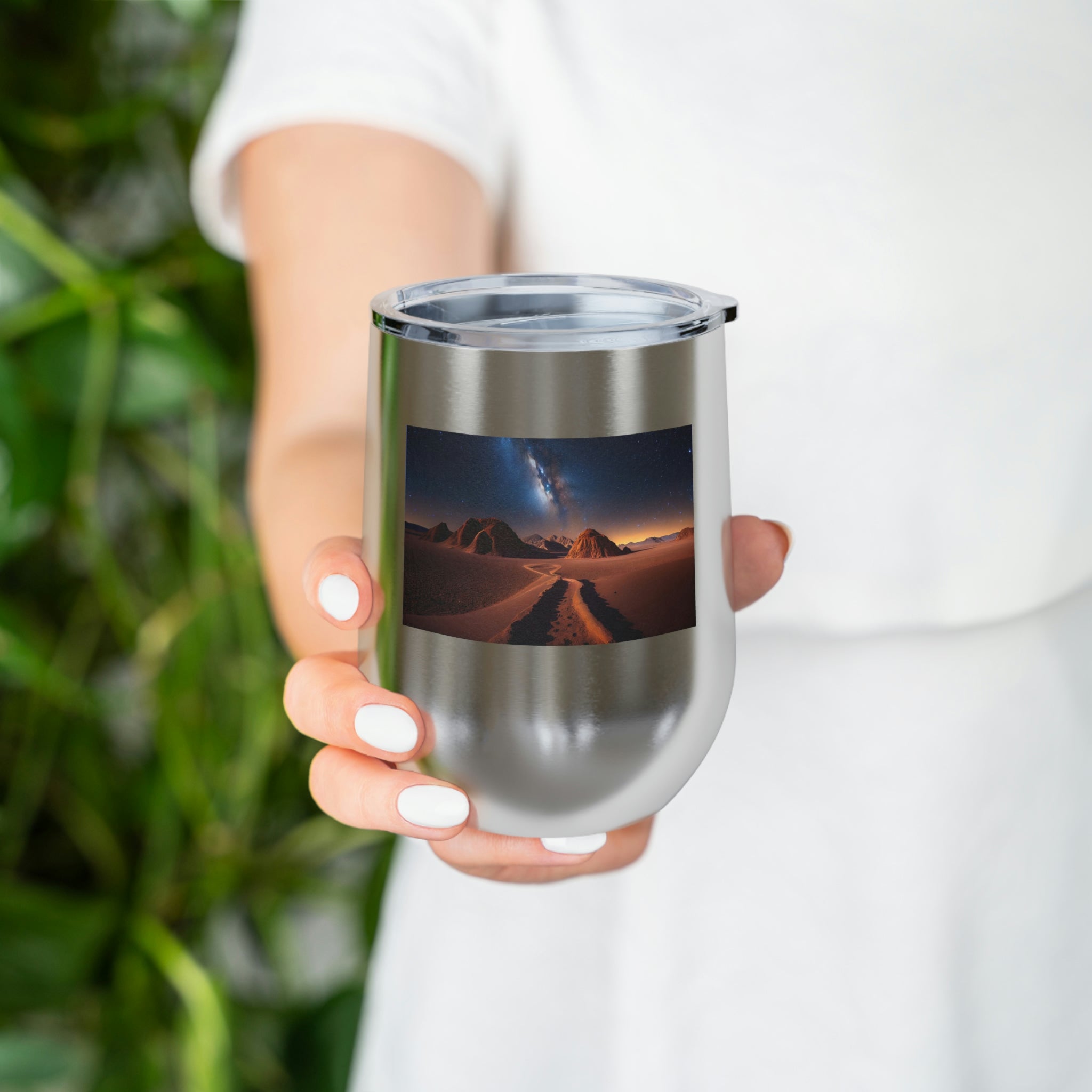Milky Galaxy Wine Tumbler with a stylish design and clear lid, perfect for hot and cold beverages.