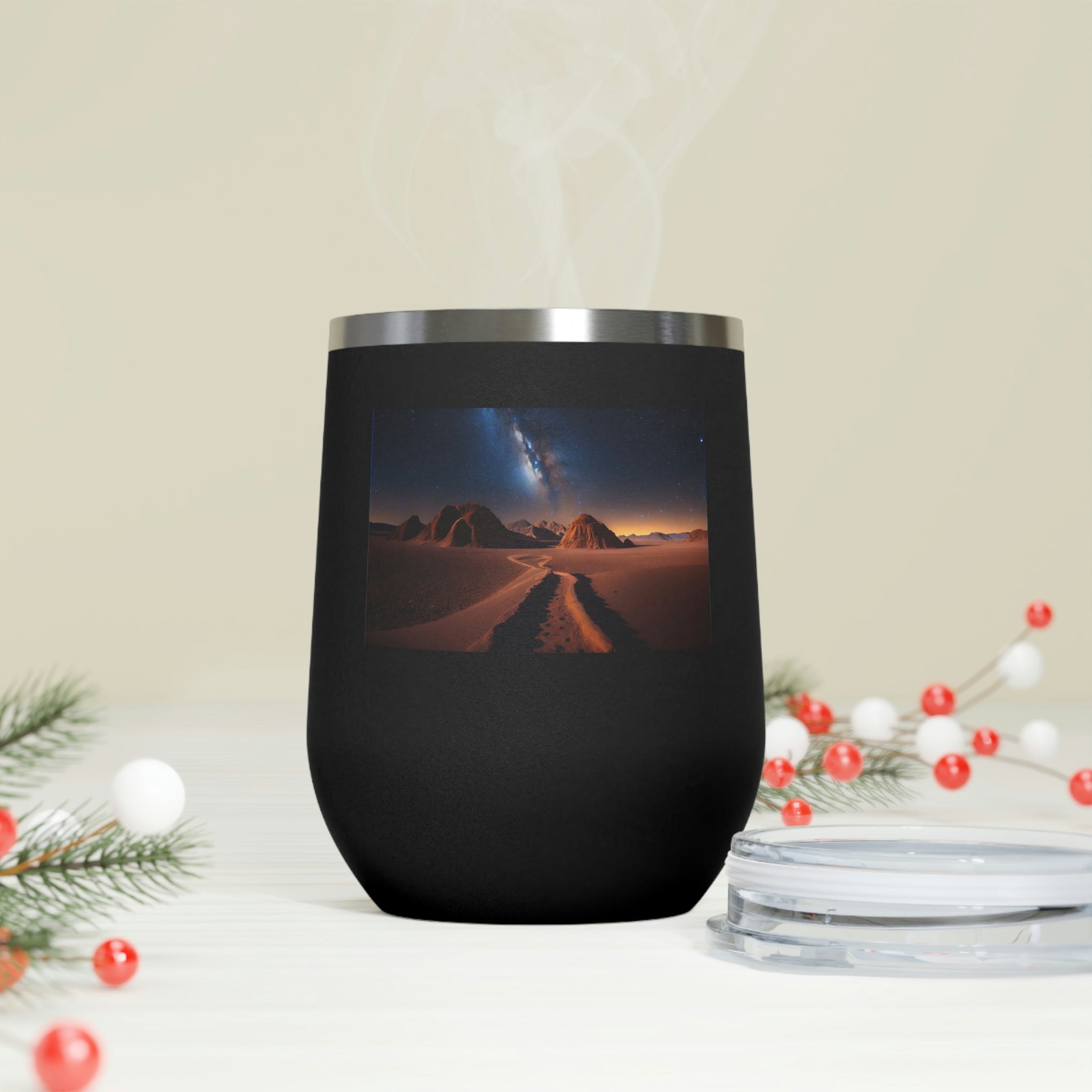 Milky Galaxy Wine Tumbler with a stylish design and clear lid, perfect for hot and cold beverages.