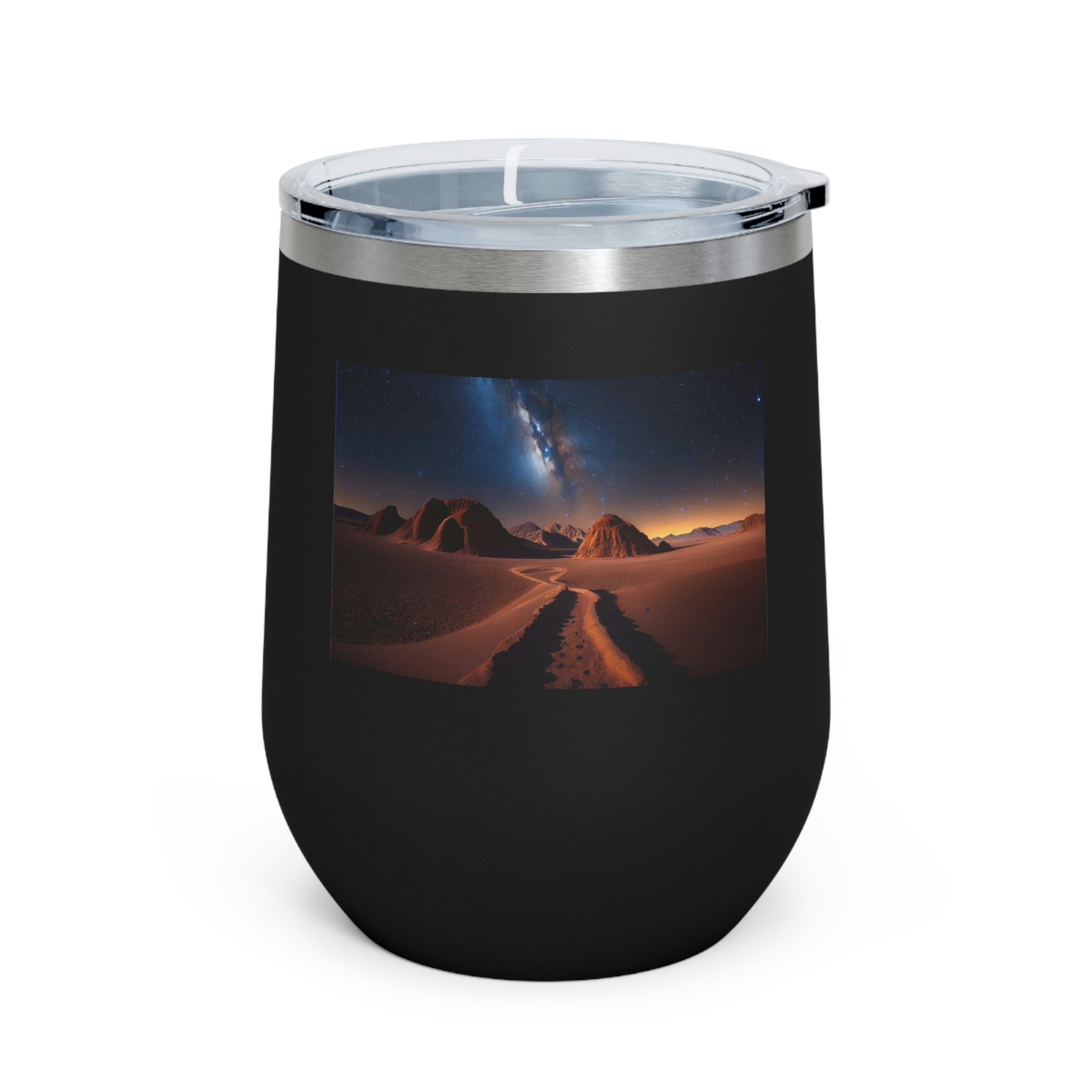 Milky Galaxy Wine Tumbler with a stylish design and clear lid, perfect for hot and cold beverages.