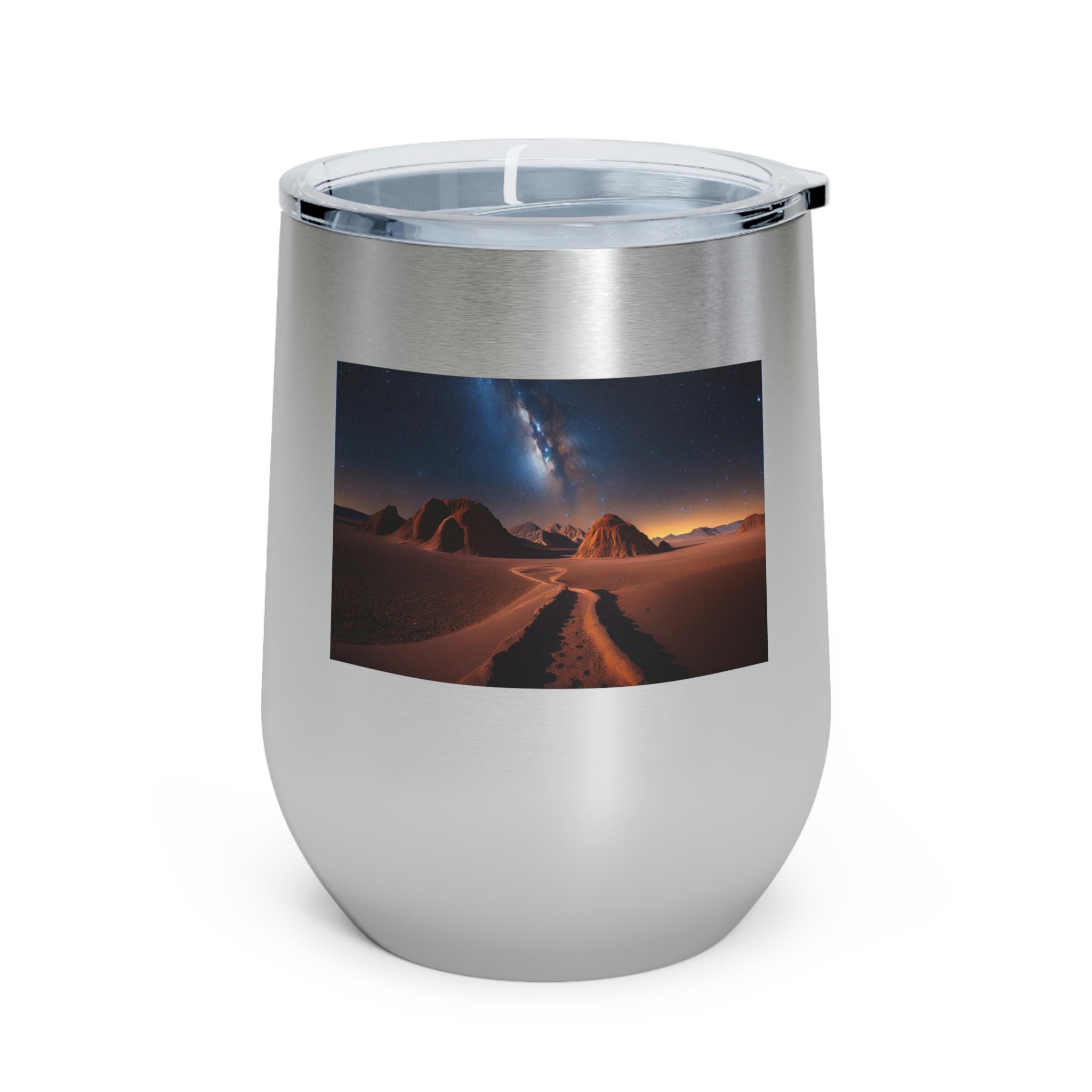 Milky Galaxy Wine Tumbler with a stylish design and clear lid, perfect for hot and cold beverages.