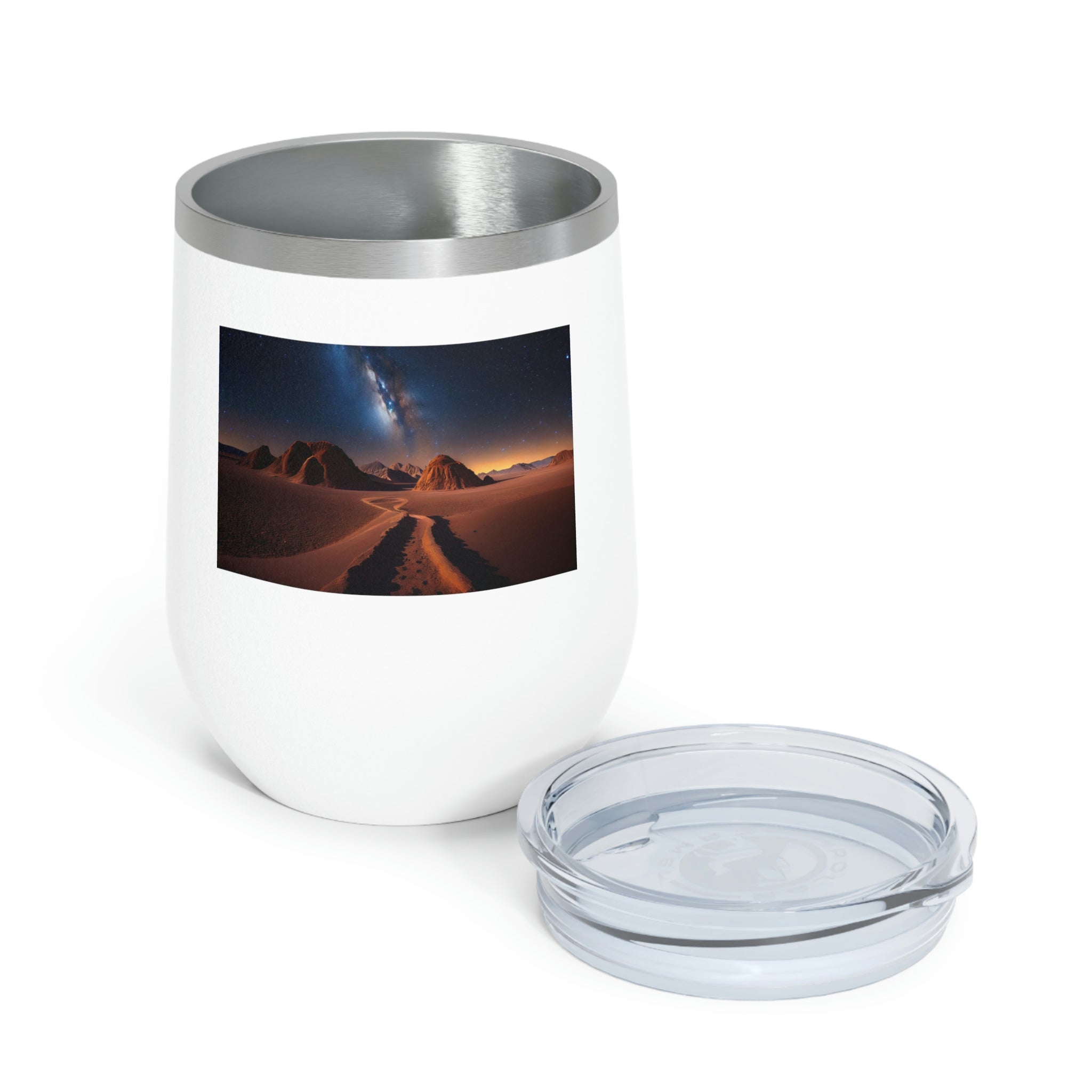 Milky Galaxy Wine Tumbler with a stylish design and clear lid, perfect for hot and cold beverages.