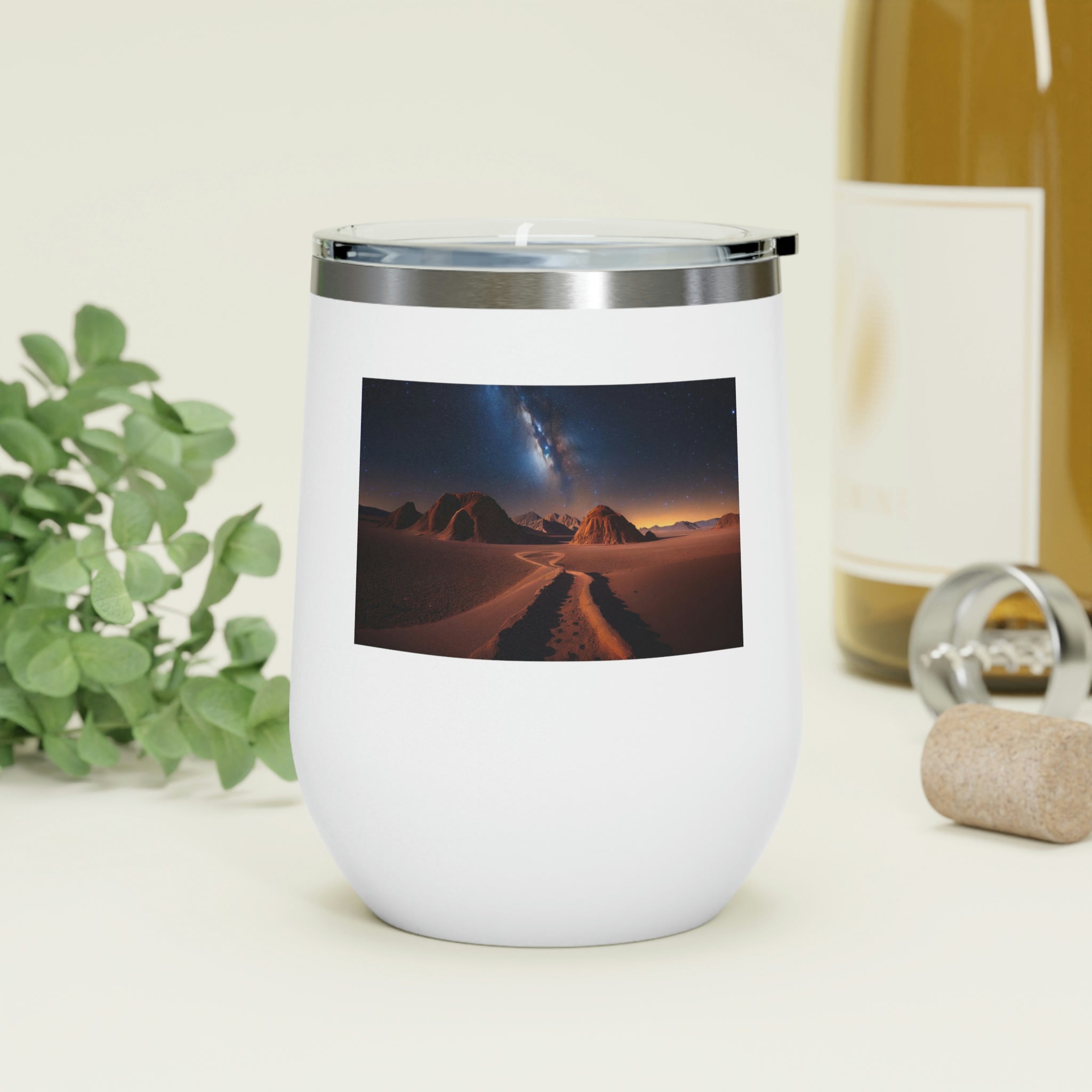 Milky Galaxy Wine Tumbler with a stylish design and clear lid, perfect for hot and cold beverages.