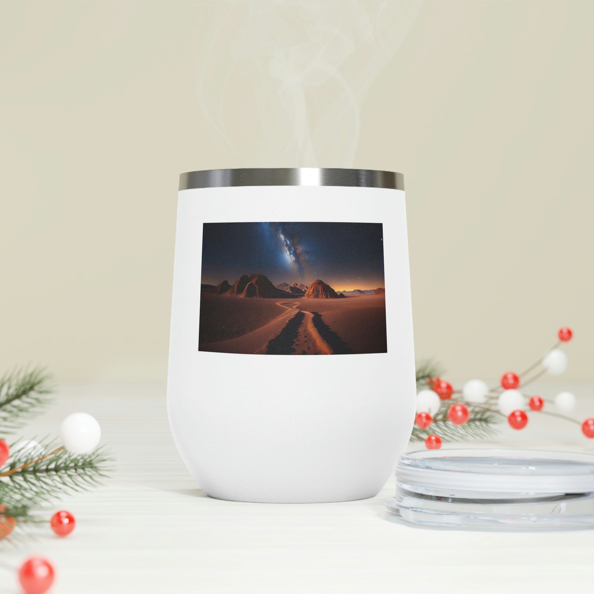 Milky Galaxy Wine Tumbler with a stylish design and clear lid, perfect for hot and cold beverages.