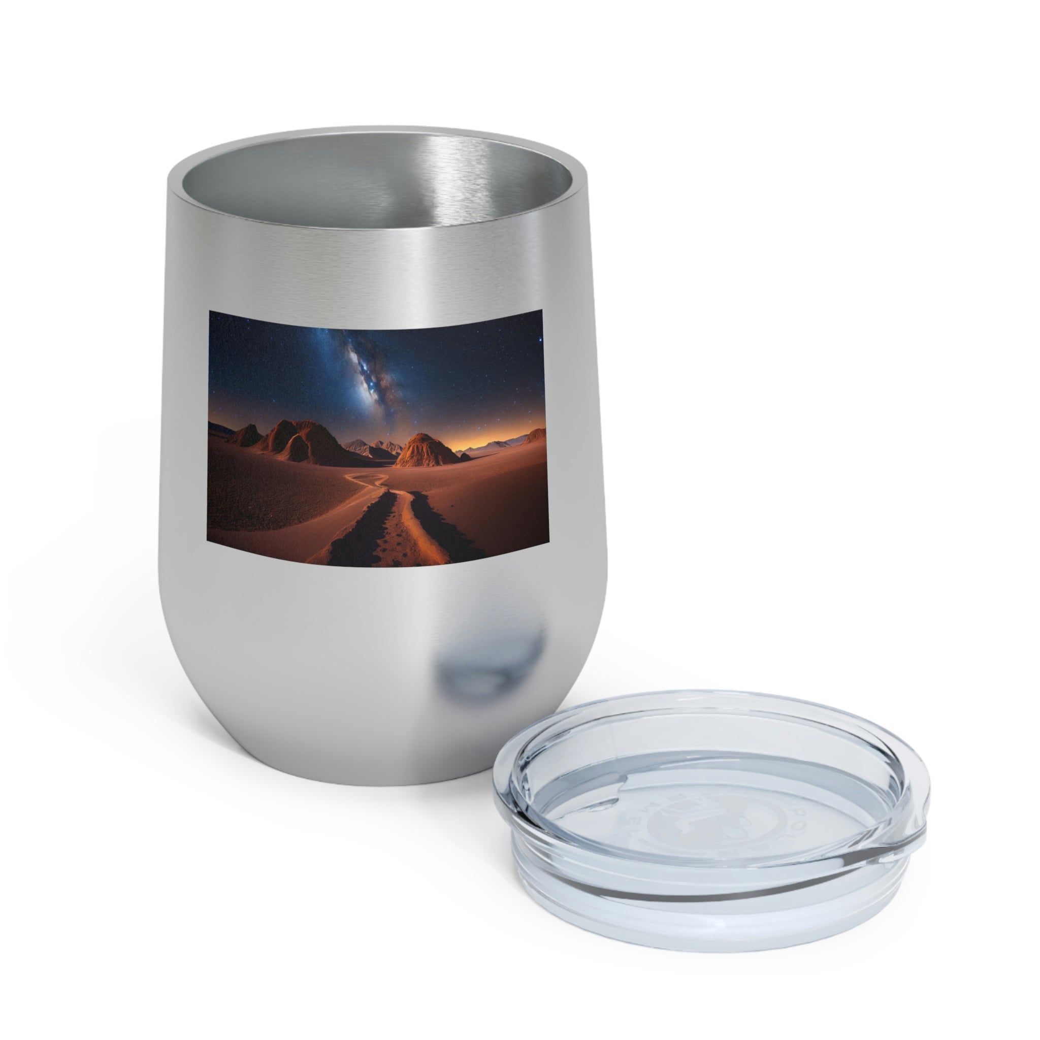 Milky Galaxy Wine Tumbler with a stylish design and clear lid, perfect for hot and cold beverages.