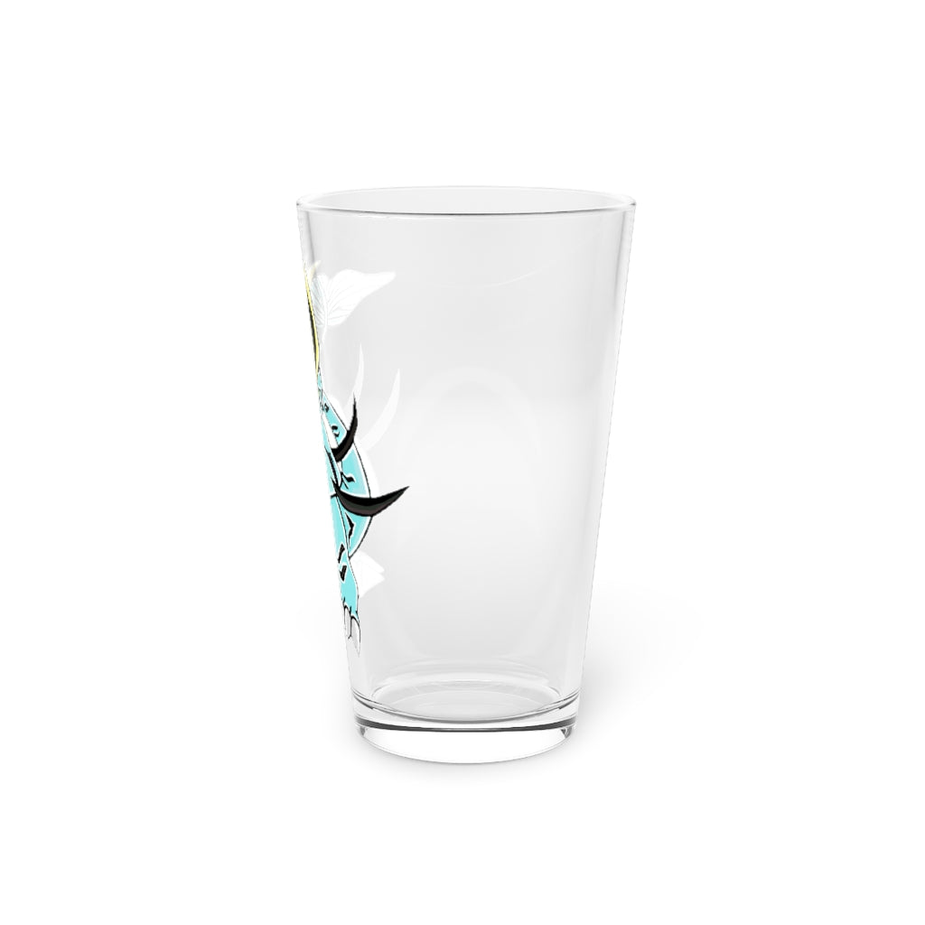 Mimatic Pint Glass, 16oz, clear glass with custom printed design, ideal for beverages.