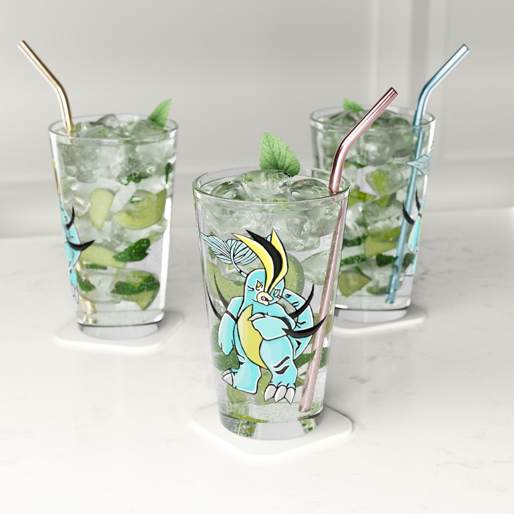 Mimatic Pint Glass, 16oz, clear glass with custom printed design, ideal for beverages.