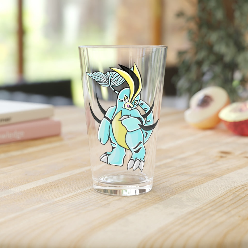 Mimatic Pint Glass, 16oz, clear glass with custom printed design, ideal for beverages.
