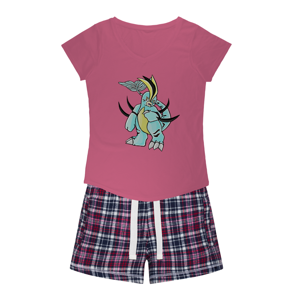 Mimatic Women's Sleepy Tee and Flannel Short set featuring a relaxed fit t-shirt and colorful flannel shorts, perfect for cozy nights.