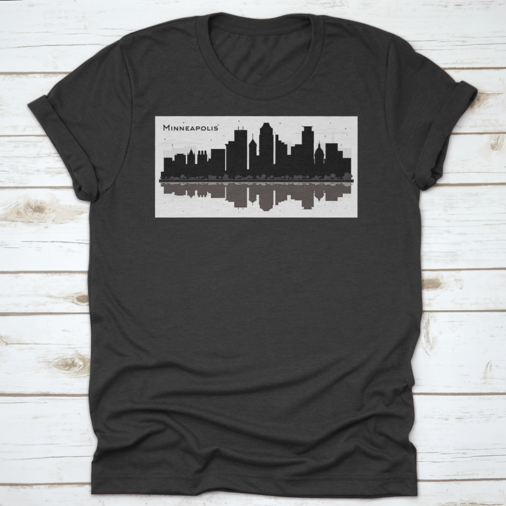 Minneapolis Cityscape T-shirt featuring landmarks and black buildings, showcasing a stylish urban design.
