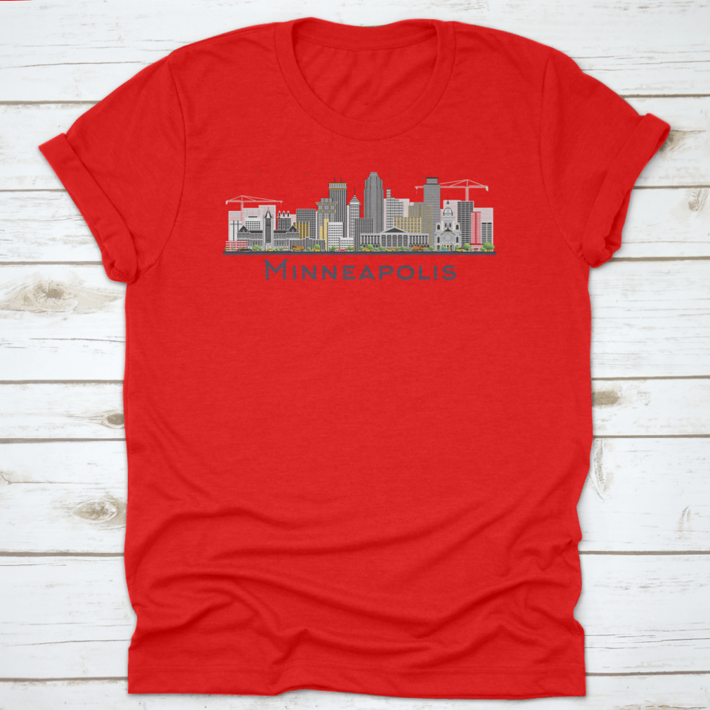 Colorful Minneapolis Minnesota skyline t-shirt featuring iconic buildings in a vibrant design.