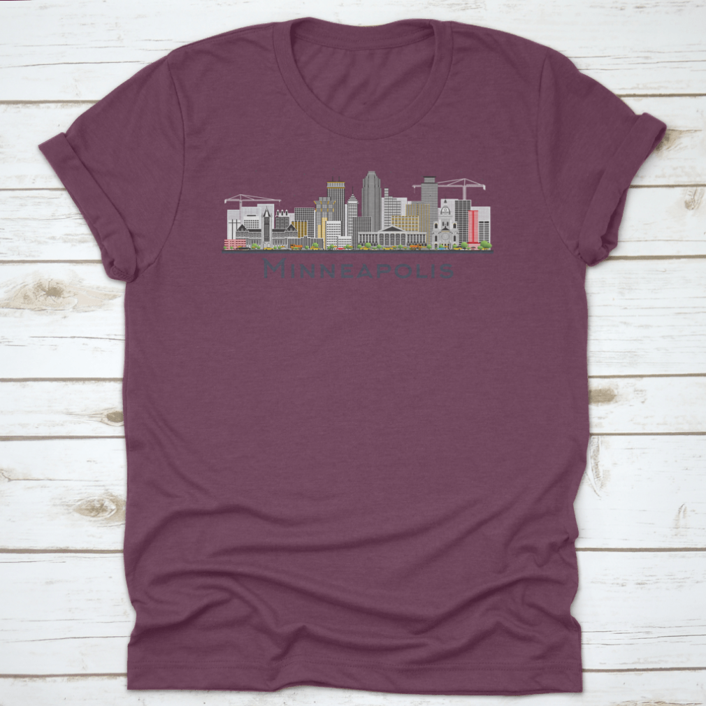 Colorful Minneapolis Minnesota skyline t-shirt featuring iconic buildings in a vibrant design.