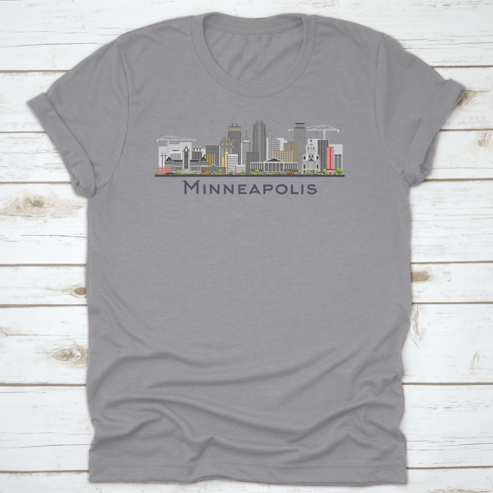 Colorful Minneapolis Minnesota skyline t-shirt featuring iconic buildings in a vibrant design.