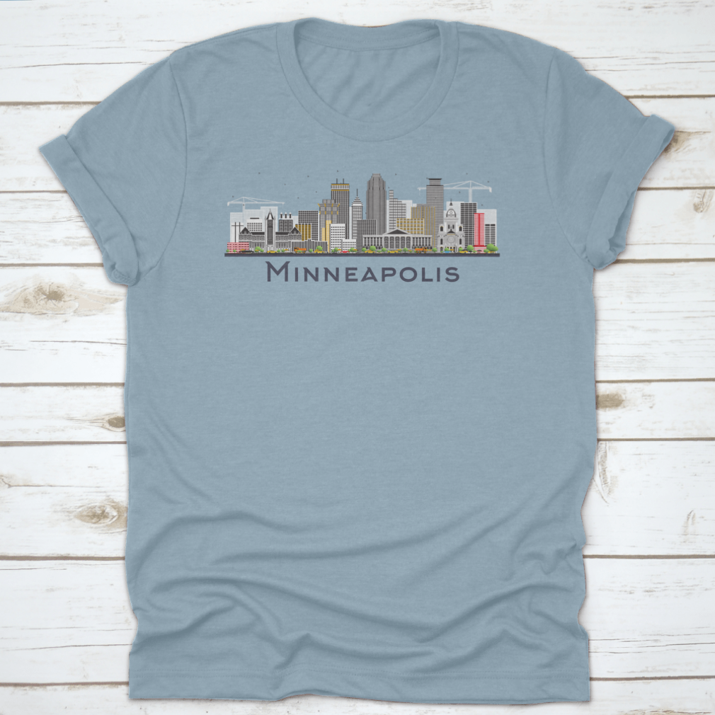 Colorful Minneapolis Minnesota skyline t-shirt featuring iconic buildings in a vibrant design.