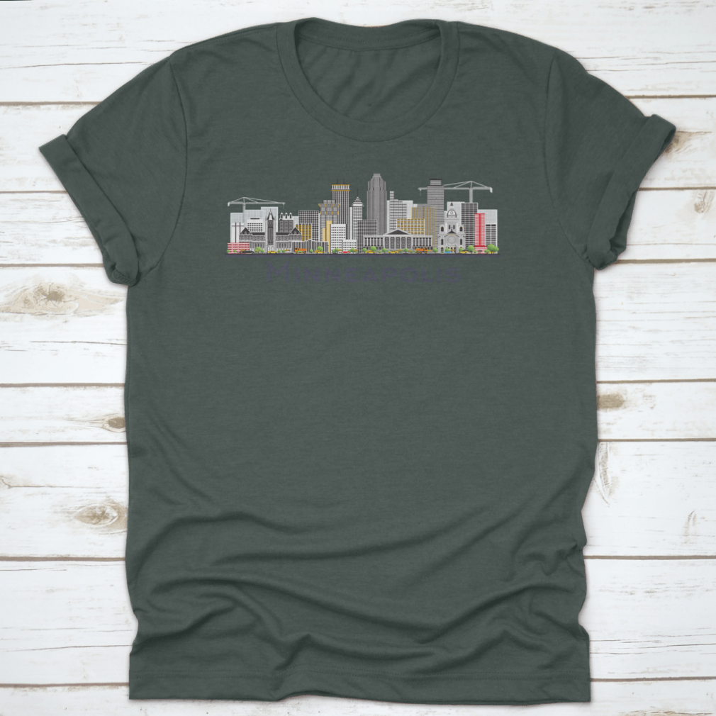Colorful Minneapolis Minnesota skyline t-shirt featuring iconic buildings in a vibrant design.