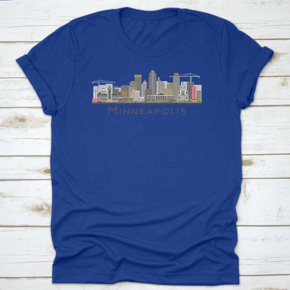 Colorful Minneapolis Minnesota skyline t-shirt featuring iconic buildings in a vibrant design.