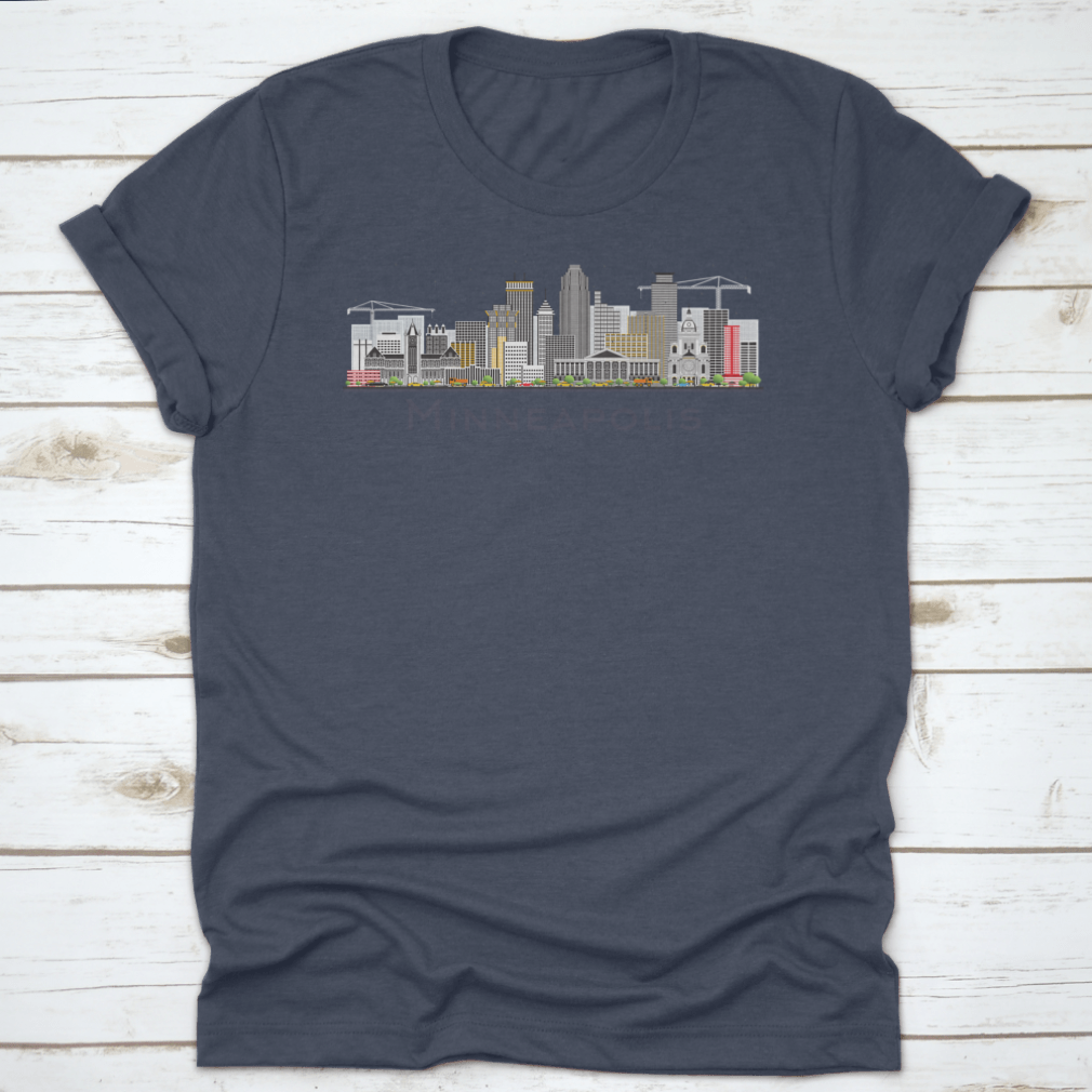 Colorful Minneapolis Minnesota skyline t-shirt featuring iconic buildings in a vibrant design.