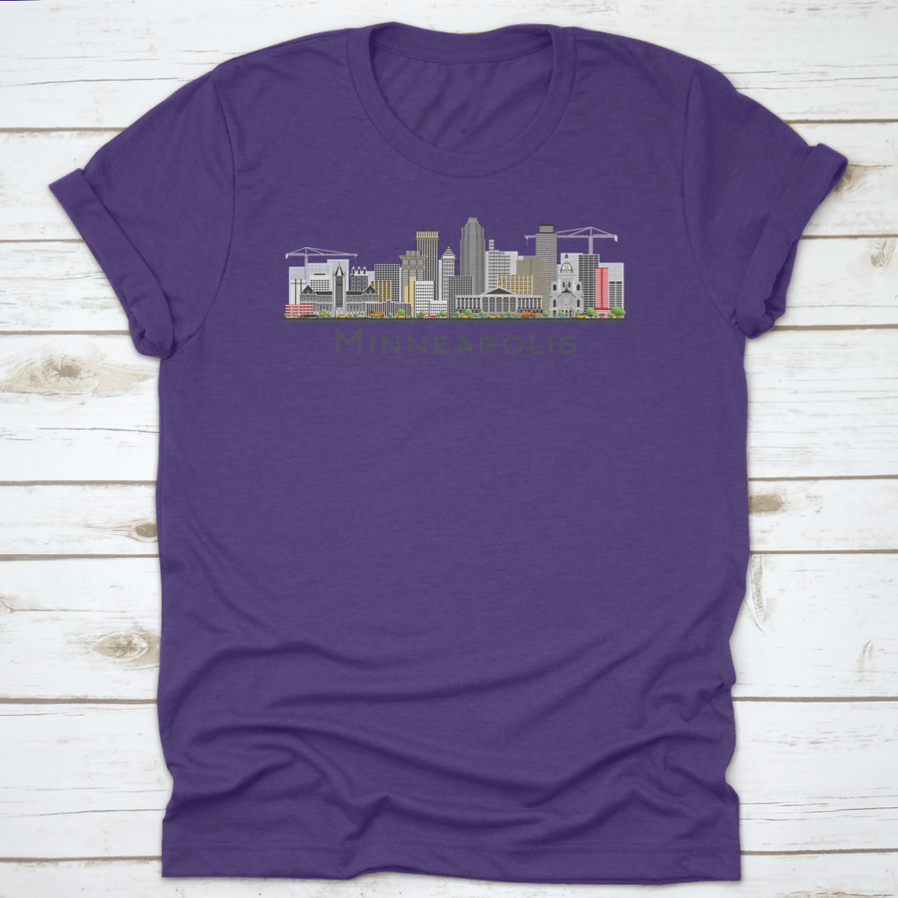 Colorful Minneapolis Minnesota skyline t-shirt featuring iconic buildings in a vibrant design.