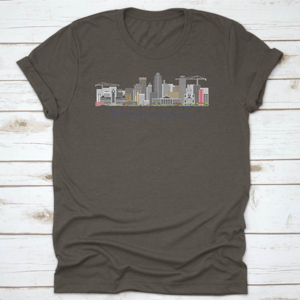 Colorful Minneapolis Minnesota skyline t-shirt featuring iconic buildings in a vibrant design.