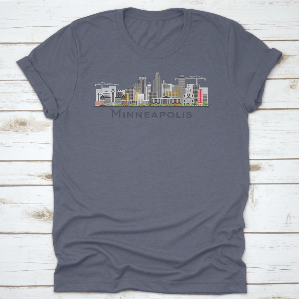 Colorful Minneapolis Minnesota skyline t-shirt featuring iconic buildings in a vibrant design.