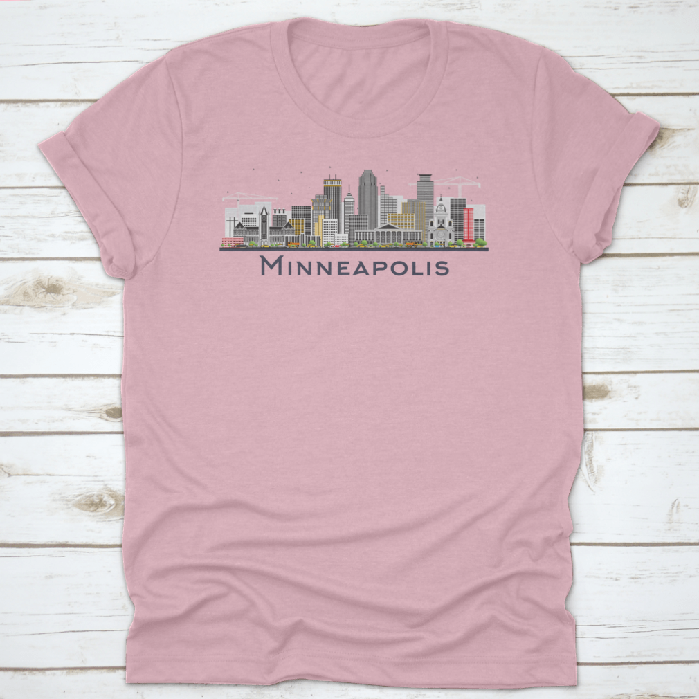 Colorful Minneapolis Minnesota skyline t-shirt featuring iconic buildings in a vibrant design.