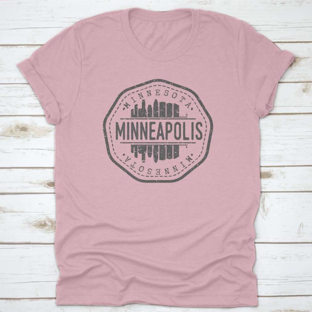 Minneapolis Skyline Stamp Postmark T-Shirt showcasing a silhouette design on a soft cotton fabric.