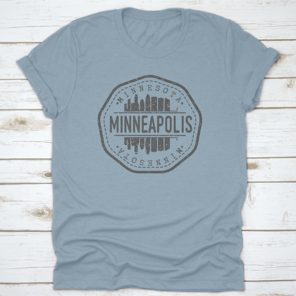 Minneapolis Skyline Stamp Postmark T-Shirt showcasing a silhouette design on a soft cotton fabric.