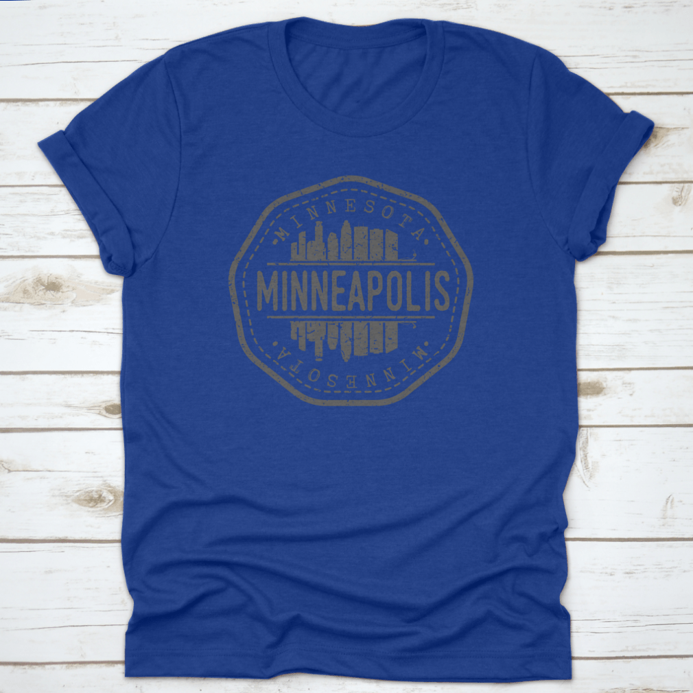 Minneapolis Skyline Stamp Postmark T-Shirt showcasing a silhouette design on a soft cotton fabric.