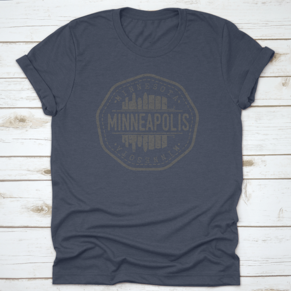 Minneapolis Skyline Stamp Postmark T-Shirt showcasing a silhouette design on a soft cotton fabric.