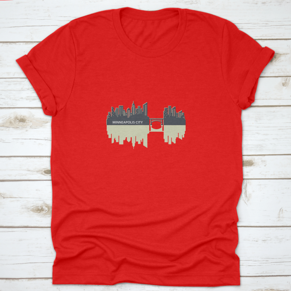 Minneapolis skyline vector design featuring a city reflection, showcasing urban art on a comfortable fabric.