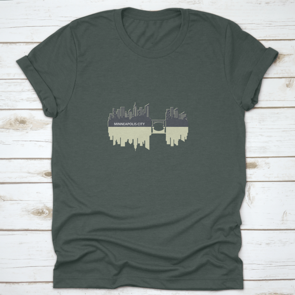 Minneapolis skyline vector design featuring a city reflection, showcasing urban art on a comfortable fabric.