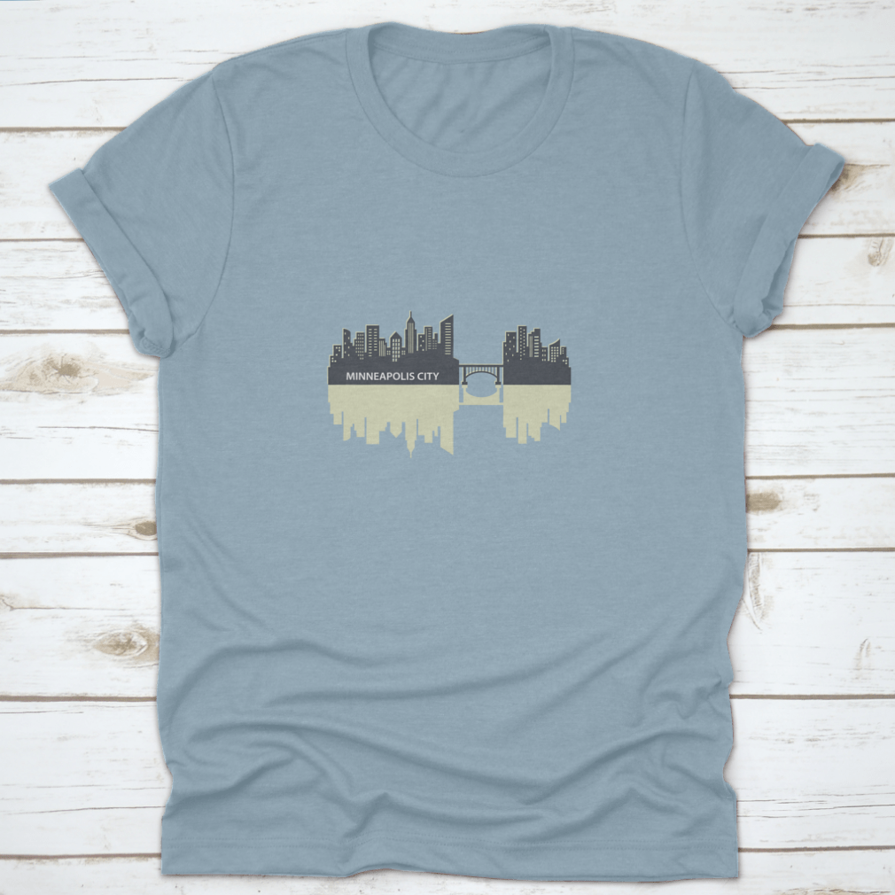 Minneapolis skyline vector design featuring a city reflection, showcasing urban art on a comfortable fabric.