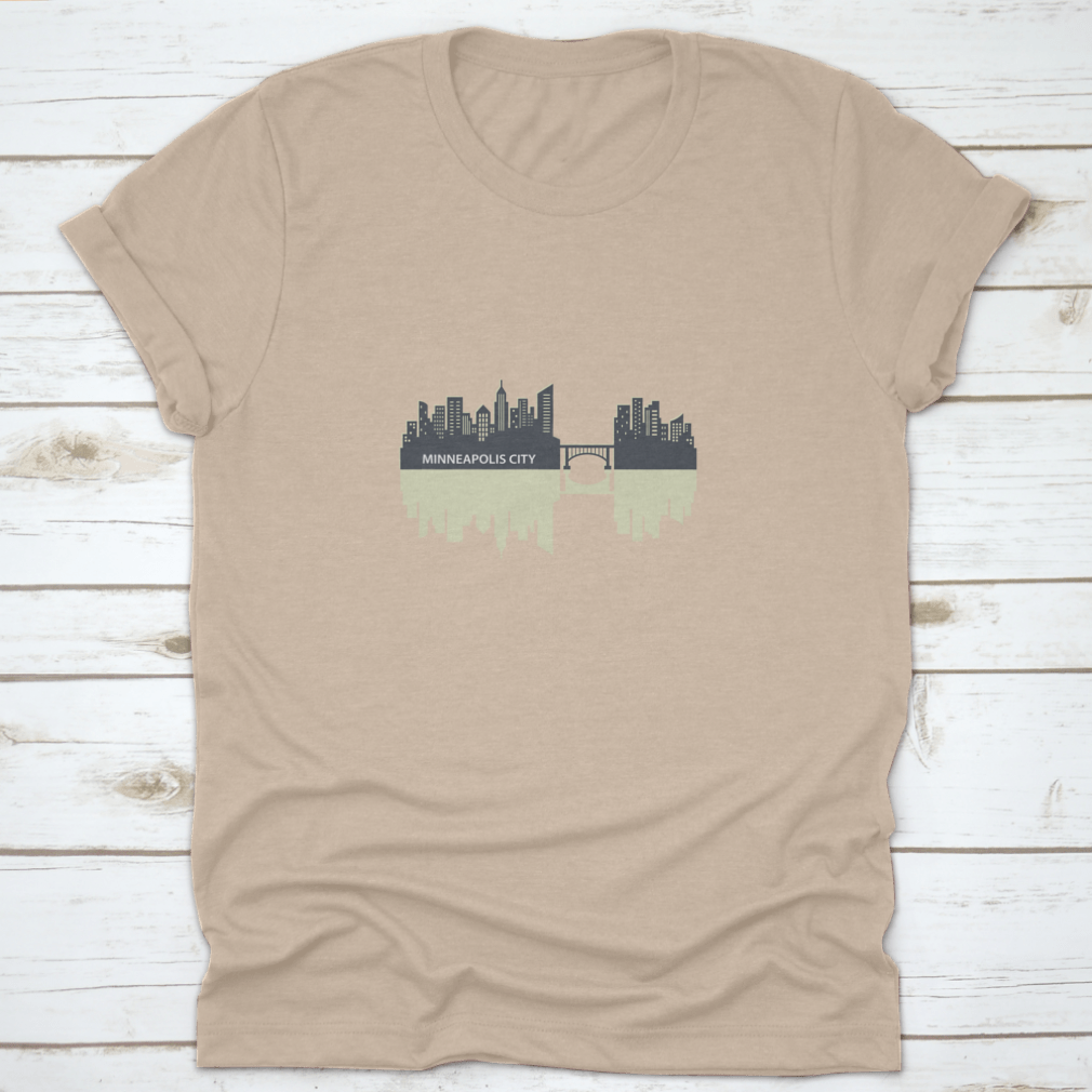 Minneapolis skyline vector design featuring a city reflection, showcasing urban art on a comfortable fabric.