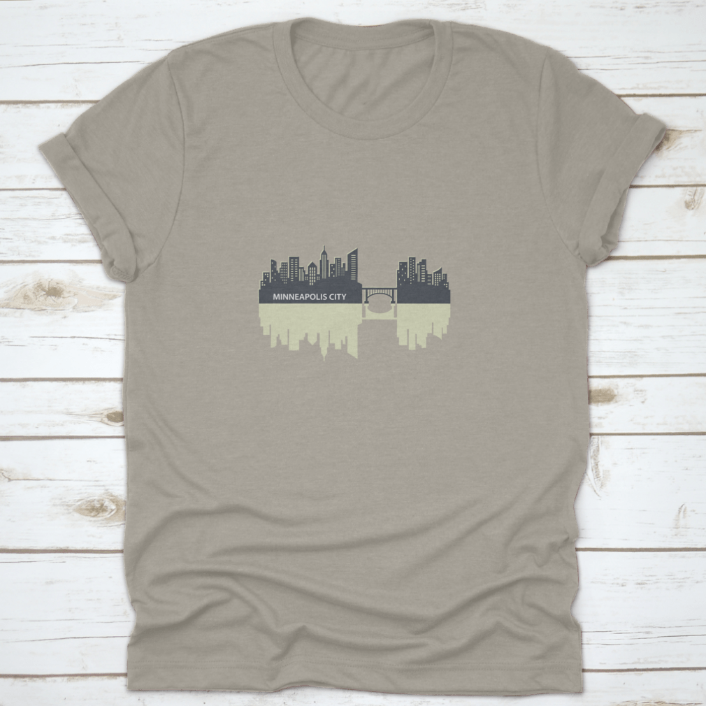 Minneapolis skyline vector design featuring a city reflection, showcasing urban art on a comfortable fabric.