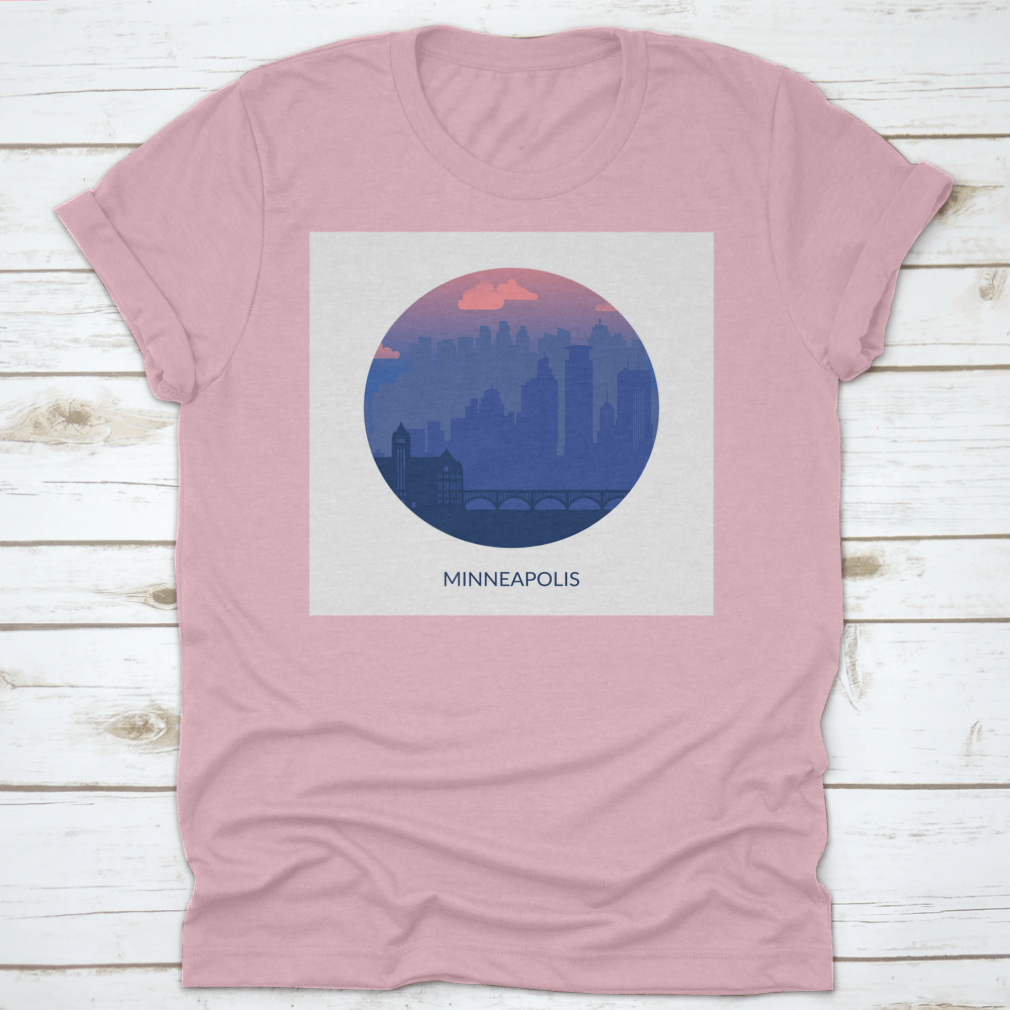 Round frame design featuring a famous city view of Minneapolis, showcasing iconic landmarks and vibrant city life.