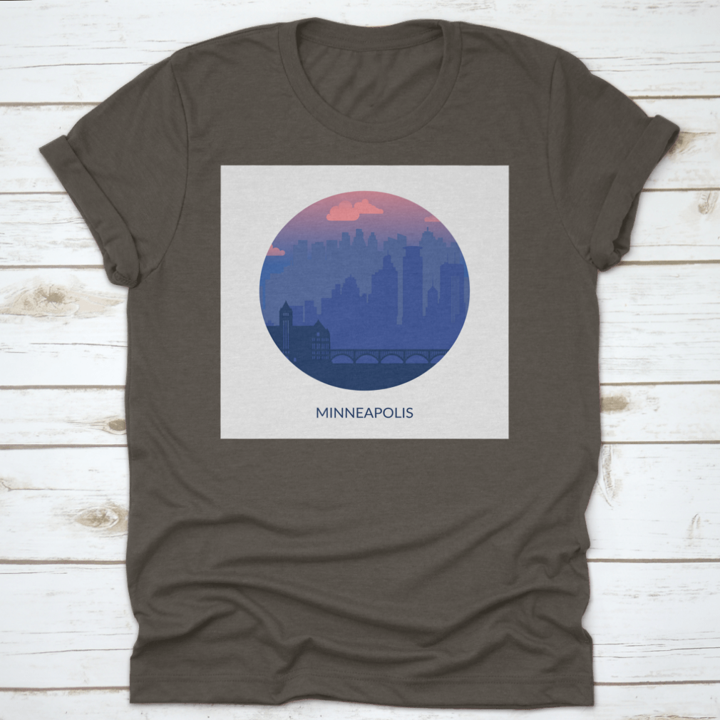 Round frame design featuring a famous city view of Minneapolis, showcasing iconic landmarks and vibrant city life.