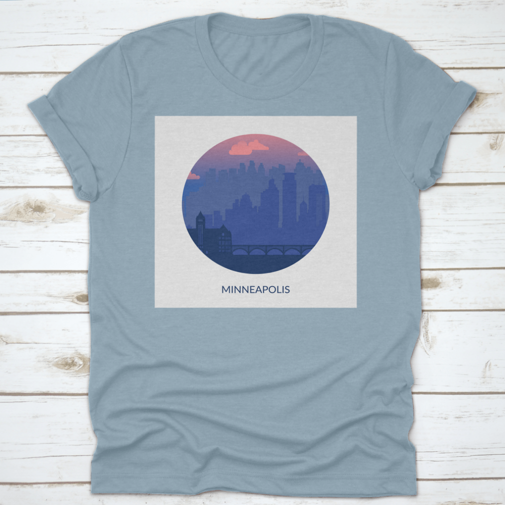 Round frame design featuring a famous city view of Minneapolis, showcasing iconic landmarks and vibrant city life.