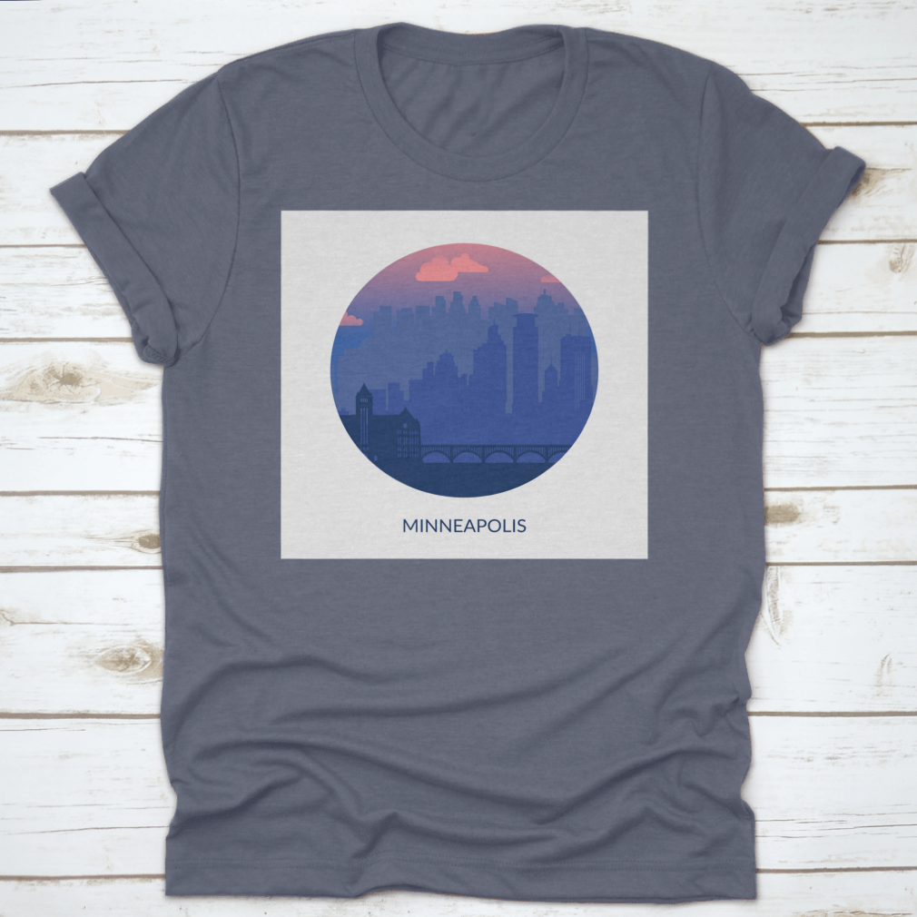 Round frame design featuring a famous city view of Minneapolis, showcasing iconic landmarks and vibrant city life.