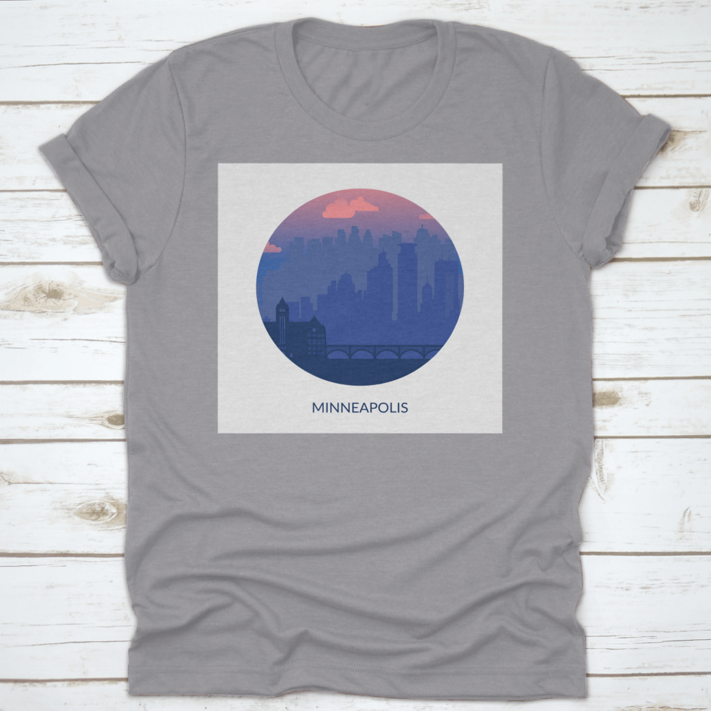 Round frame design featuring a famous city view of Minneapolis, showcasing iconic landmarks and vibrant city life.