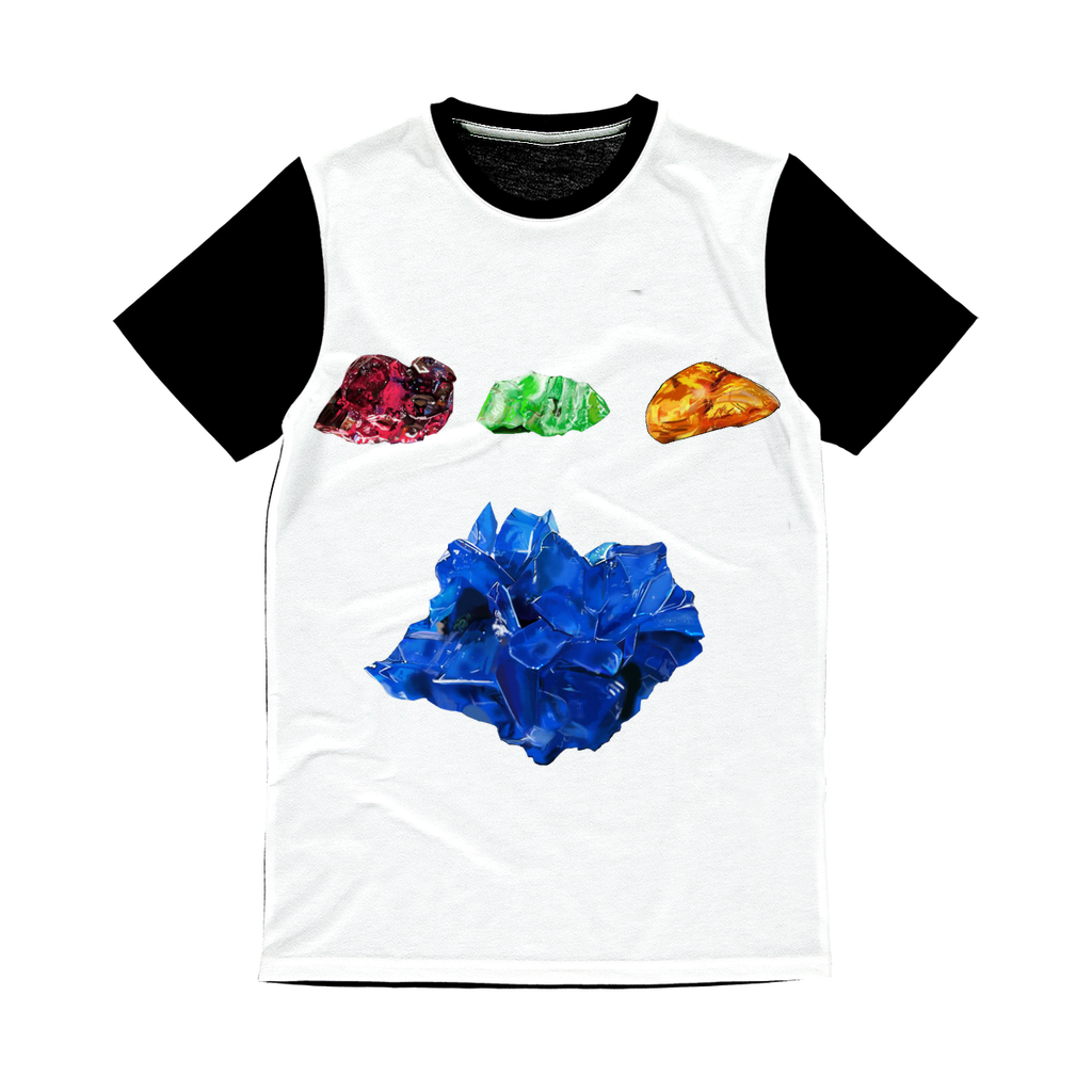 Minerals Classic Sublimation Panel T-Shirt featuring a vibrant front design and plain black back, ideal for sublimation printing.