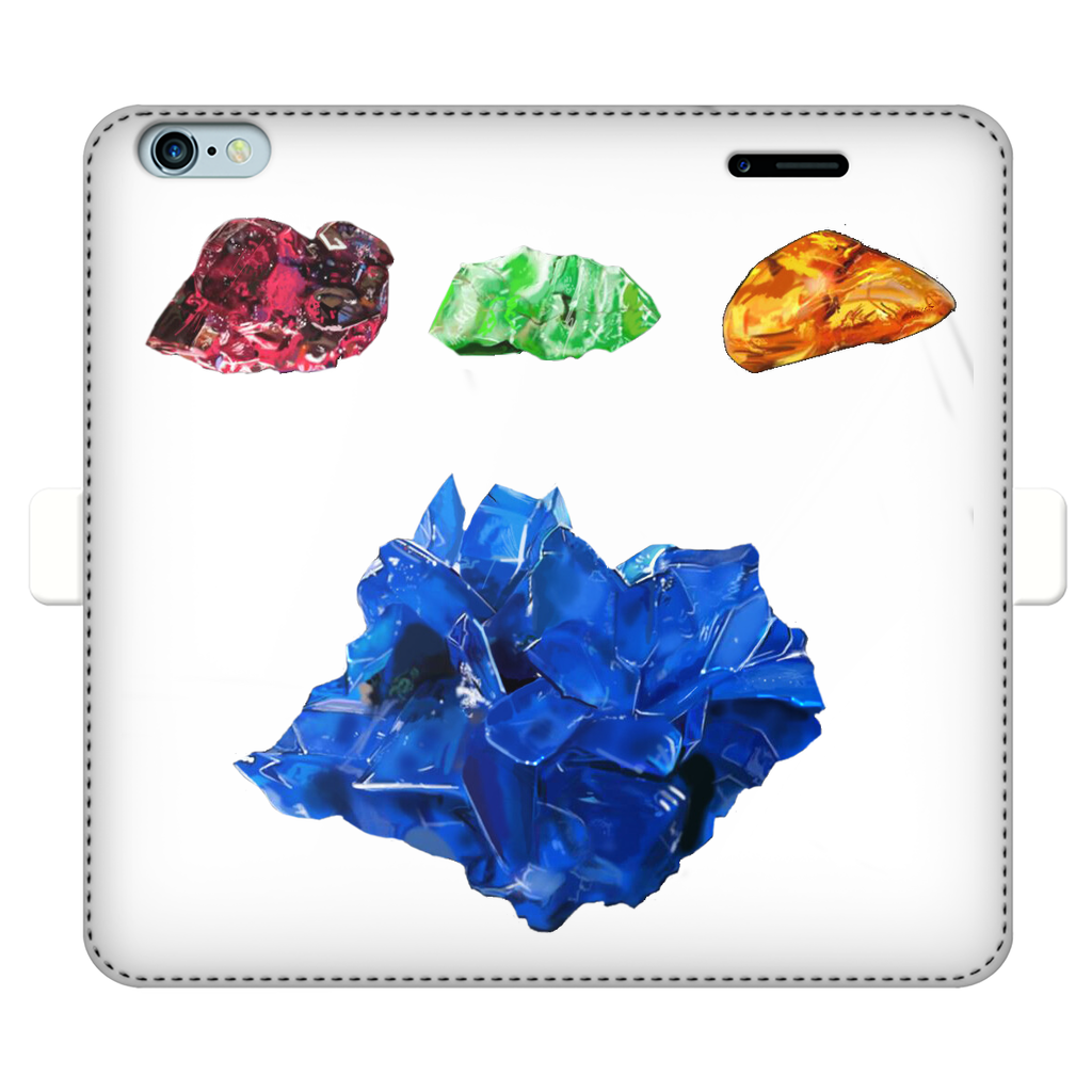 Minerals Fully Printed Wallet Case featuring vibrant UV-printed designs, made of white faux leather with a magnetic closure for iPhone and Samsung models.